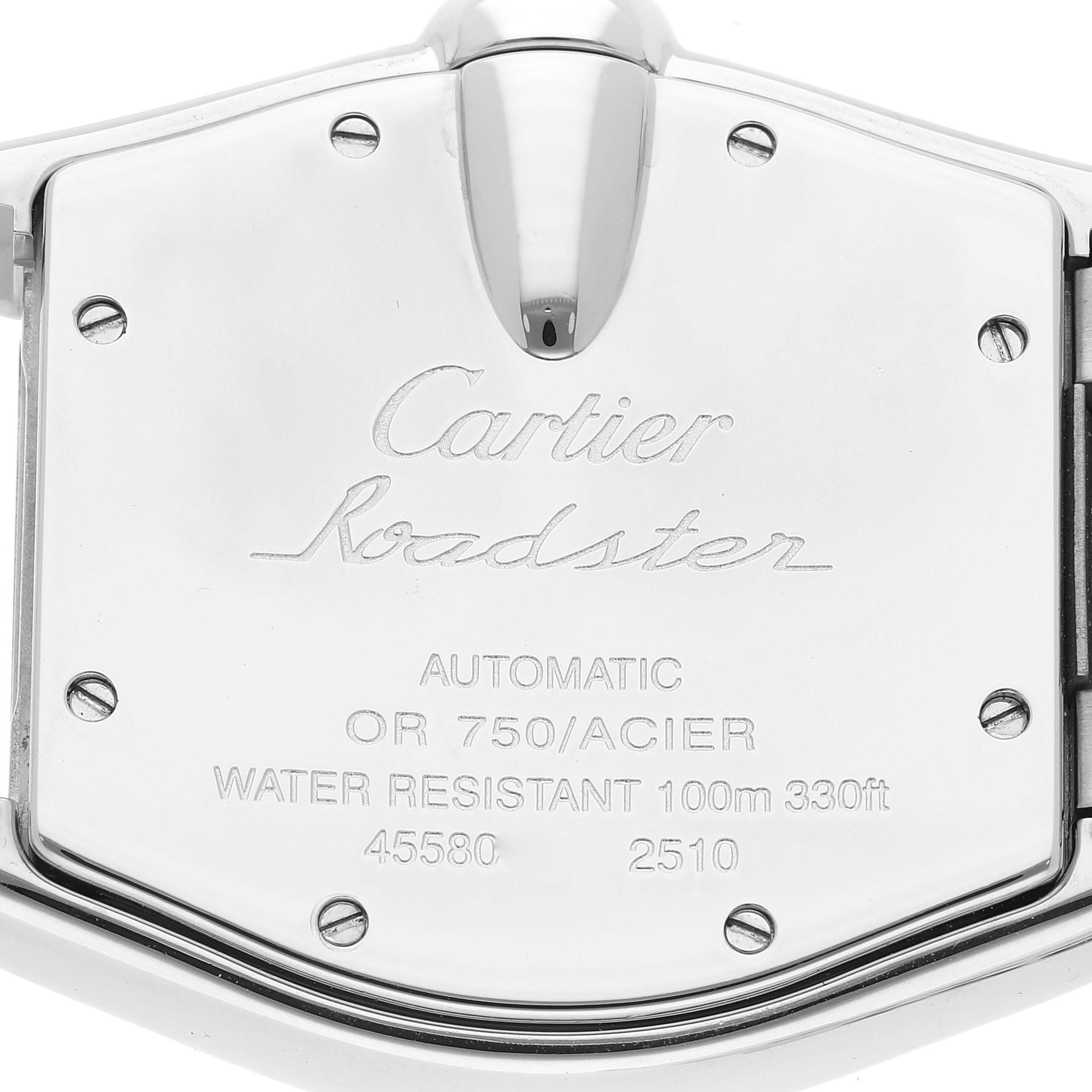 This image shows the back case of a Cartier Roadster W62031Y4 Men's Steel and Gold (two tone) Silver Dial W62031Y4 Men's Steel and Gold (two tone) Silver Dial watch, displaying its specifications and logo.
