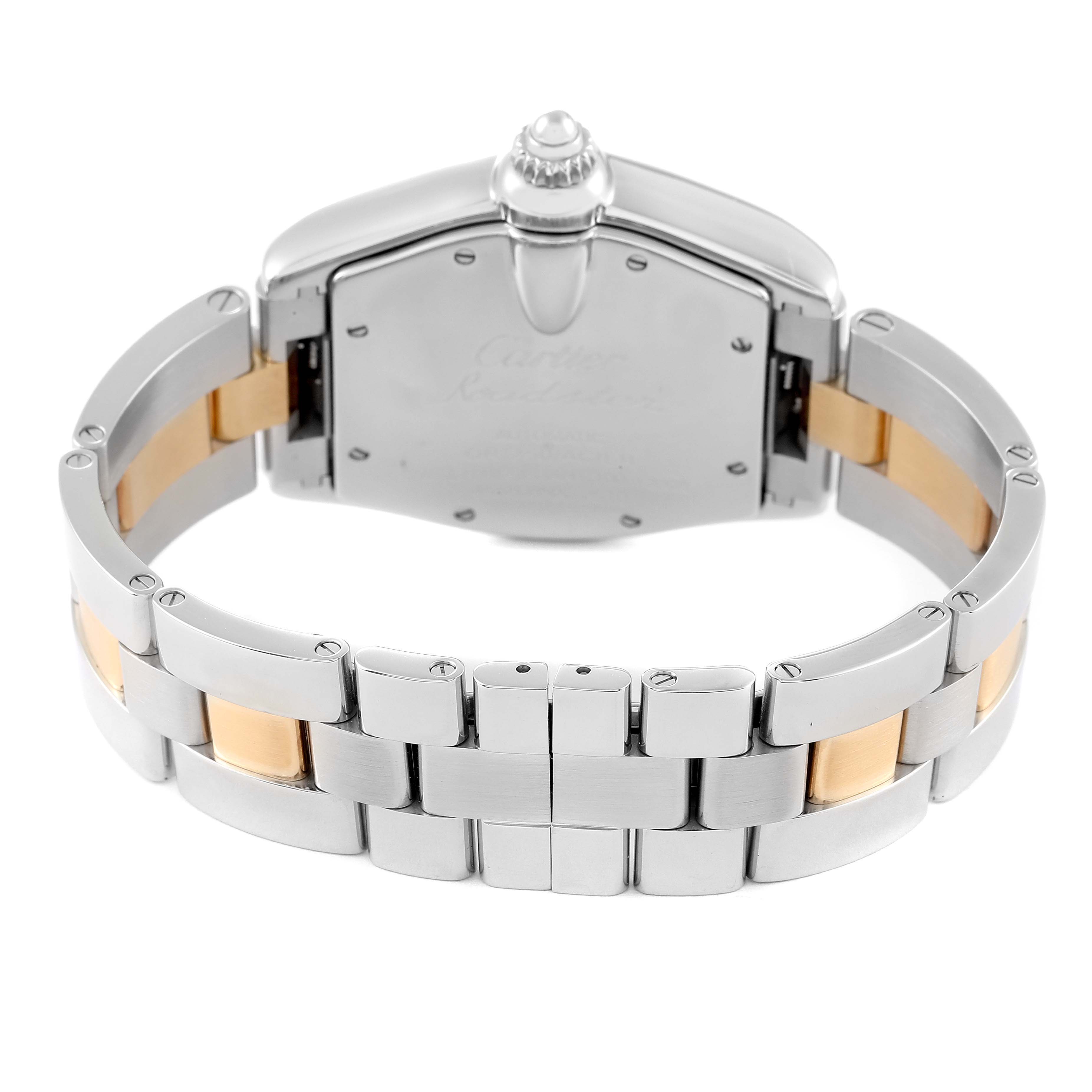 The image shows the rear view of a Cartier Roadster W62031Y4 Men's Steel and Gold (two tone) Silver Dial W62031Y4 Men's Steel and Gold (two tone) Silver Dial watch, highlighting its clasp and two-tone metal bracelet.