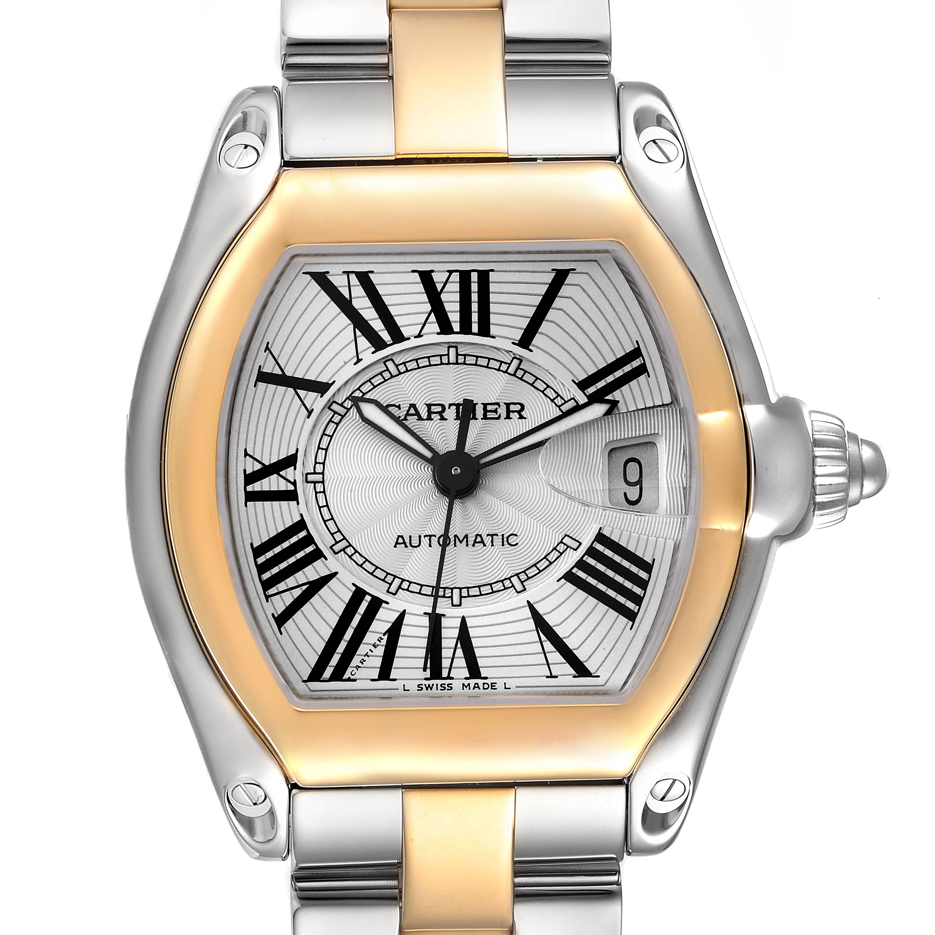 This image shows a Cartier Roadster W62031Y4 Men's Steel and Gold (two tone) Silver Dial W62031Y4 Men's Steel and Gold (two tone) Silver Dial watch from a front angle, featuring its dial, crown, and part of the bracelet.