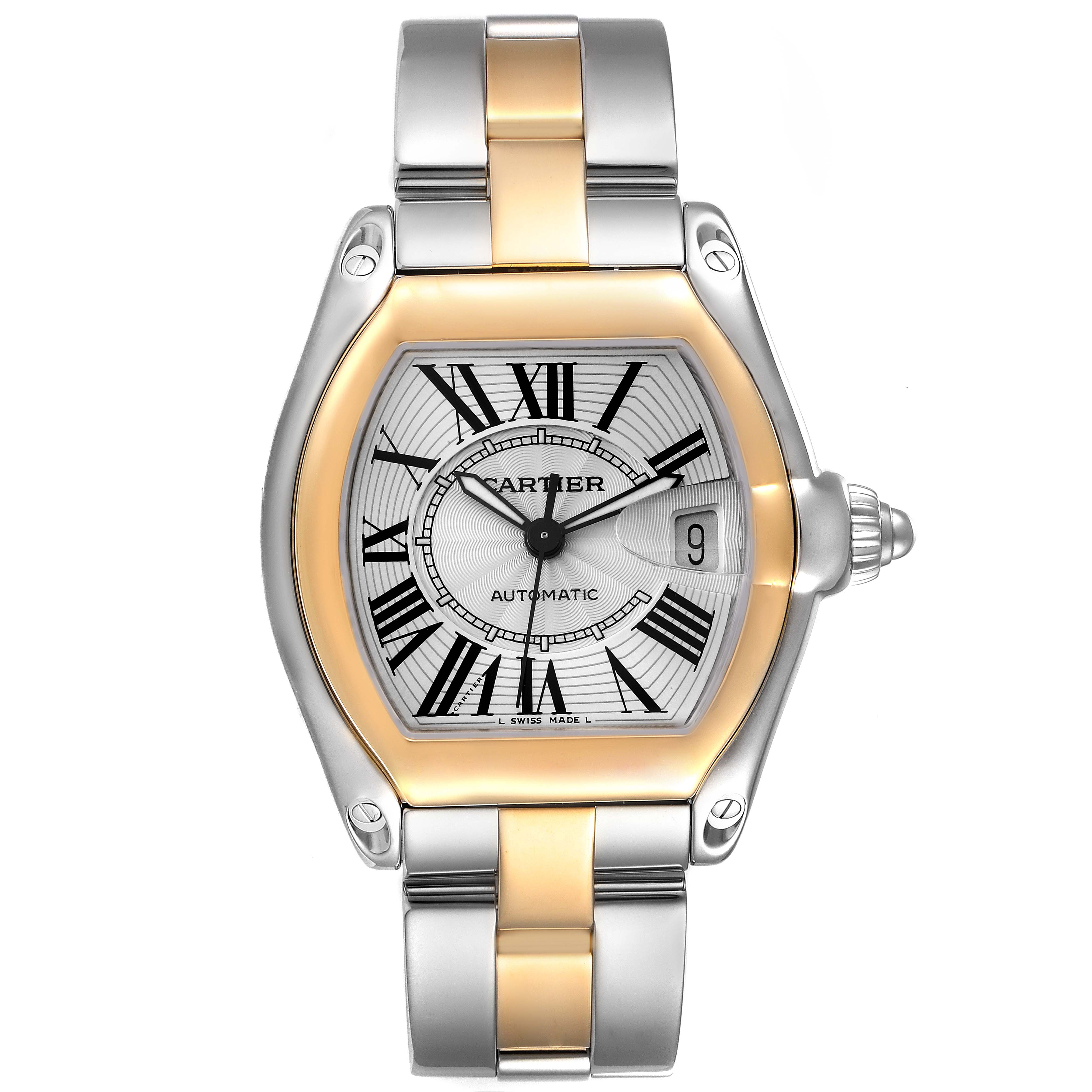 The image shows a front view of a Cartier Roadster W62031Y4 Men's Steel and Gold (two tone) Silver Dial W62031Y4 Men's Steel and Gold (two tone) Silver Dial watch, highlighting its face, bezel, and bracelet.