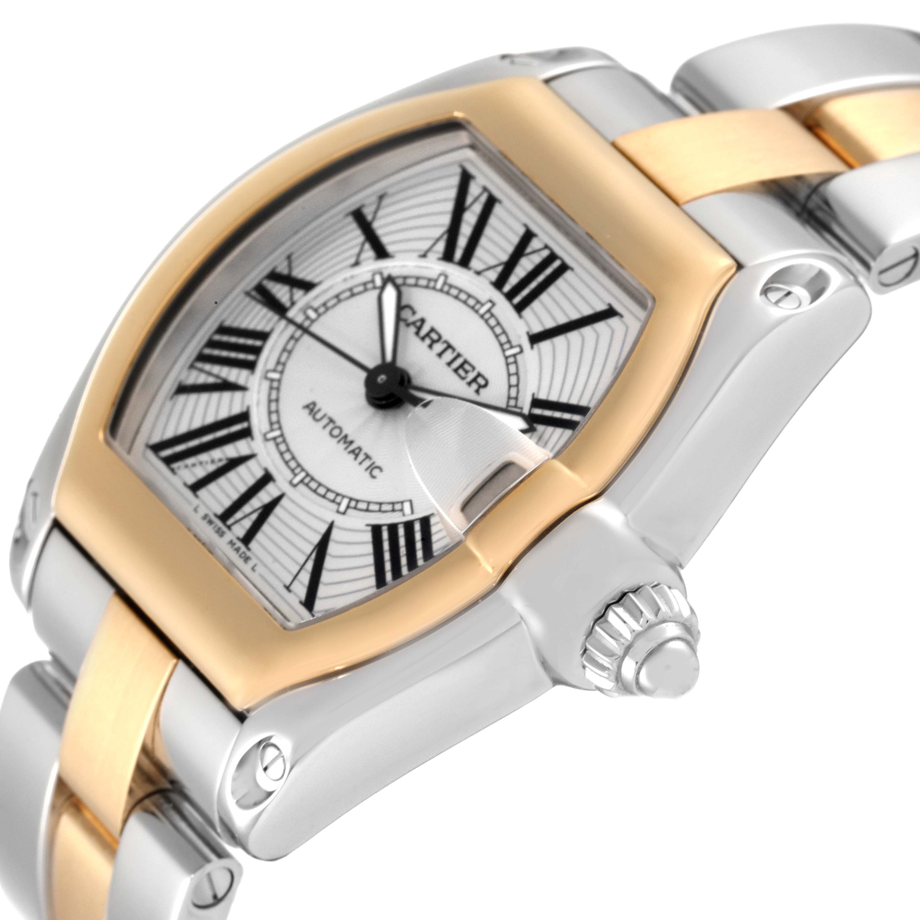 The image shows a close-up, angled view of the Cartier Roadster W62031Y4 Men's Steel and Gold (two tone) Silver Dial W62031Y4 Men's Steel and Gold (two tone) Silver Dial's face, bezel, and part of the bracelet.