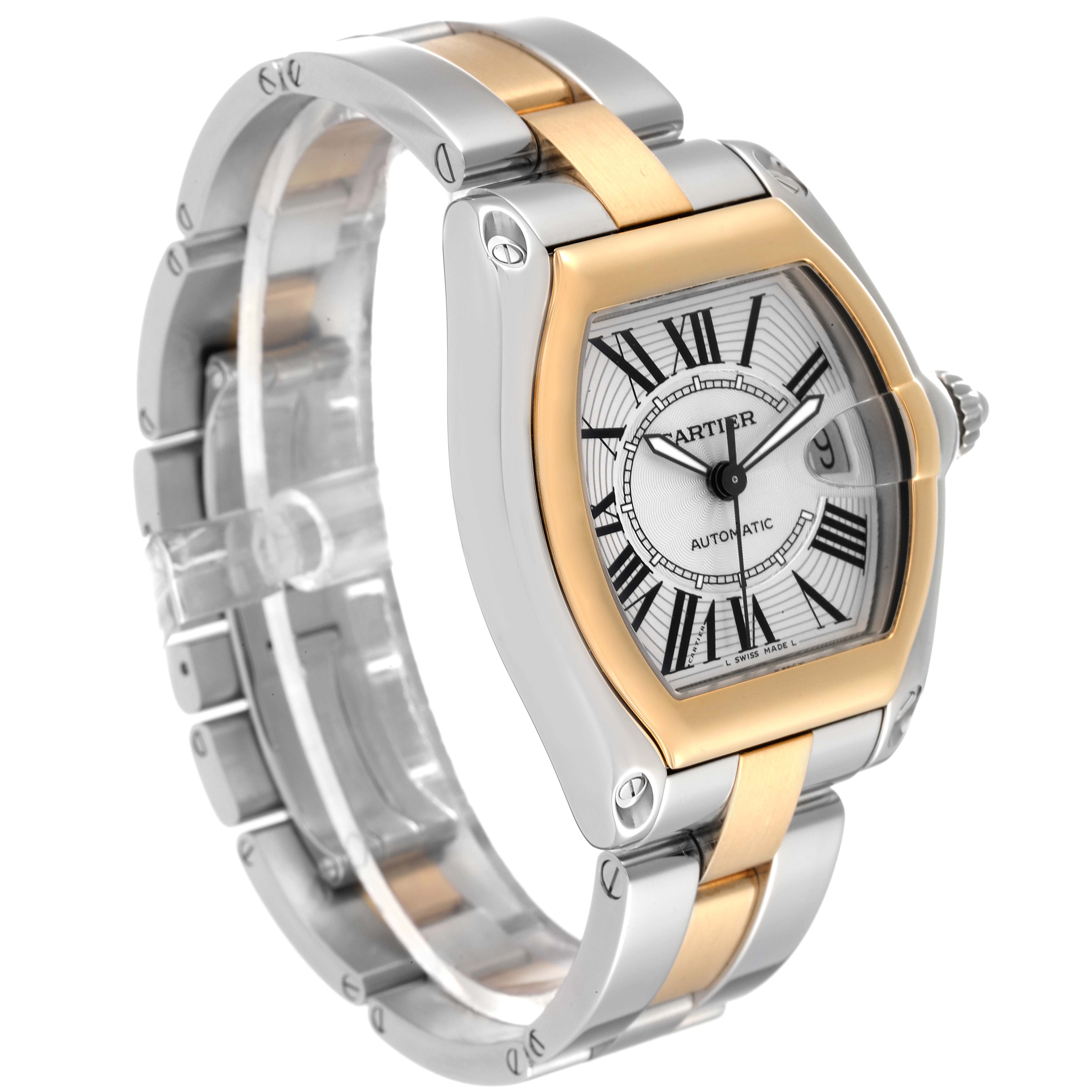 The image shows a Cartier Roadster W62031Y4 Men's Steel and Gold (two tone) Silver Dial W62031Y4 Men's Steel and Gold (two tone) Silver Dial watch angled to the left, highlighting its face, bezel, and bracelet.