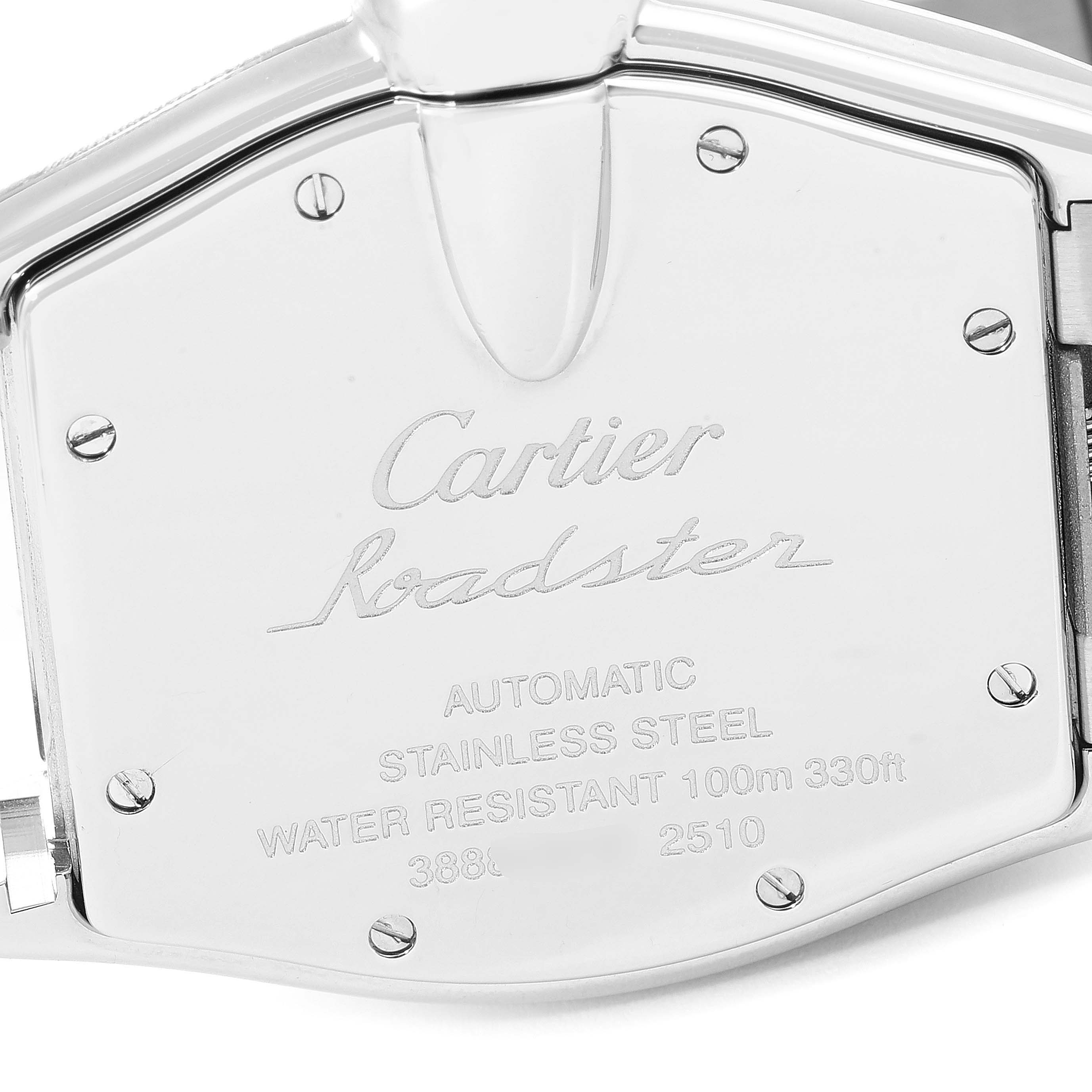 The image shows the back case of the Cartier Roadster W62002V3 Men's Stainless Steel Black Dial W62002V3 Men's Stainless Steel Black Dial watch, displaying its brand, model, and specifications.