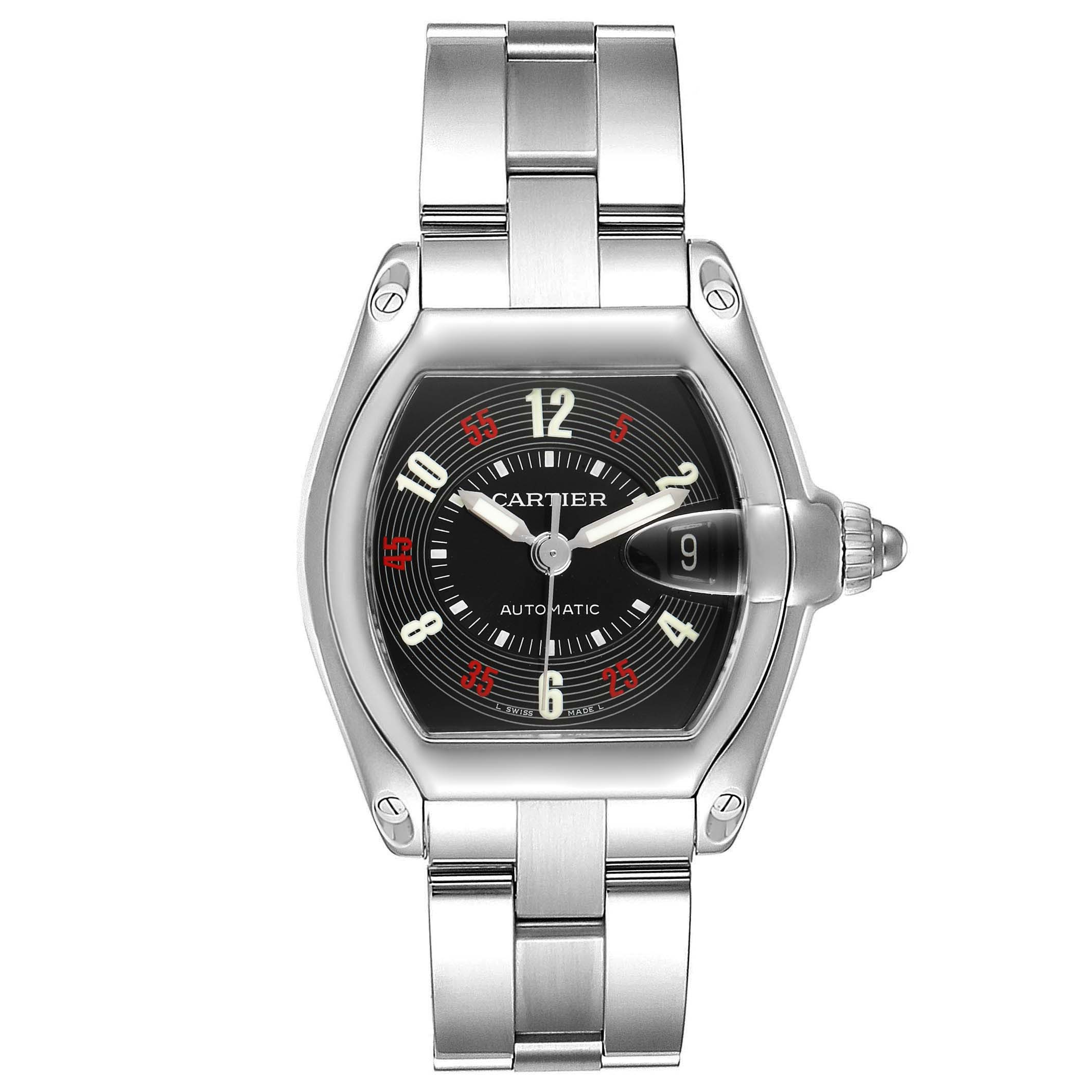 The Cartier Roadster W62002V3 Men's Stainless Steel Black Dial W62002V3 Men's Stainless Steel Black Dial watch is shown from a top view, displaying its face, bezel, crown, and stainless steel bracelet.