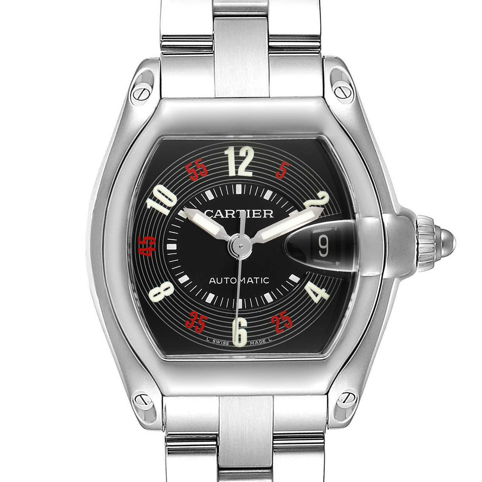 This image shows a close-up, front view of the Cartier Roadster W62002V3 Men's Stainless Steel Black Dial W62002V3 Men's Stainless Steel Black Dial watch, highlighting the face, bezel, and bracelet.