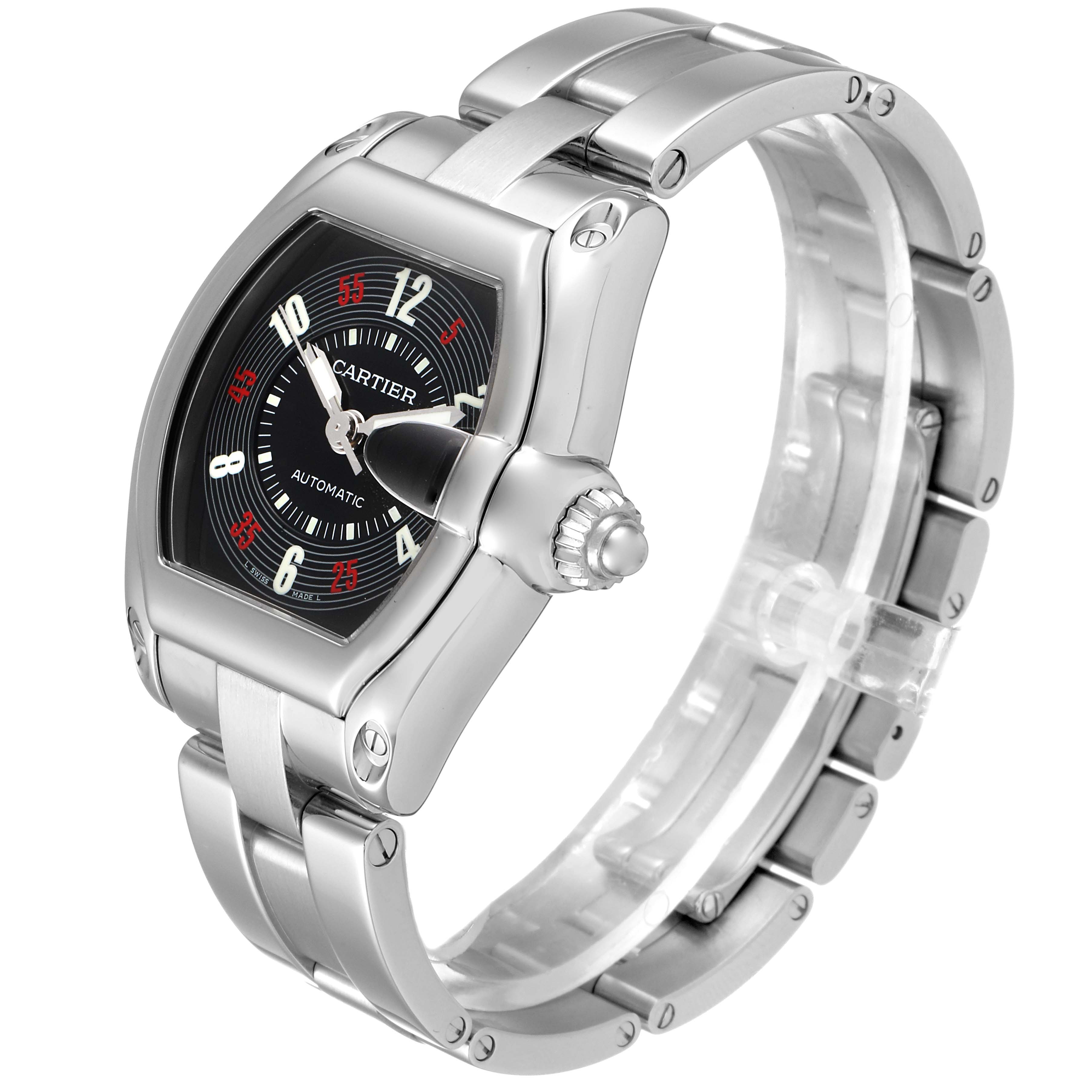 The Cartier Roadster W62002V3 Men's Stainless Steel Black Dial W62002V3 Men's Stainless Steel Black Dial watch is shown at a three-quarter angle, displaying the face, bezel, and part of the bracelet.