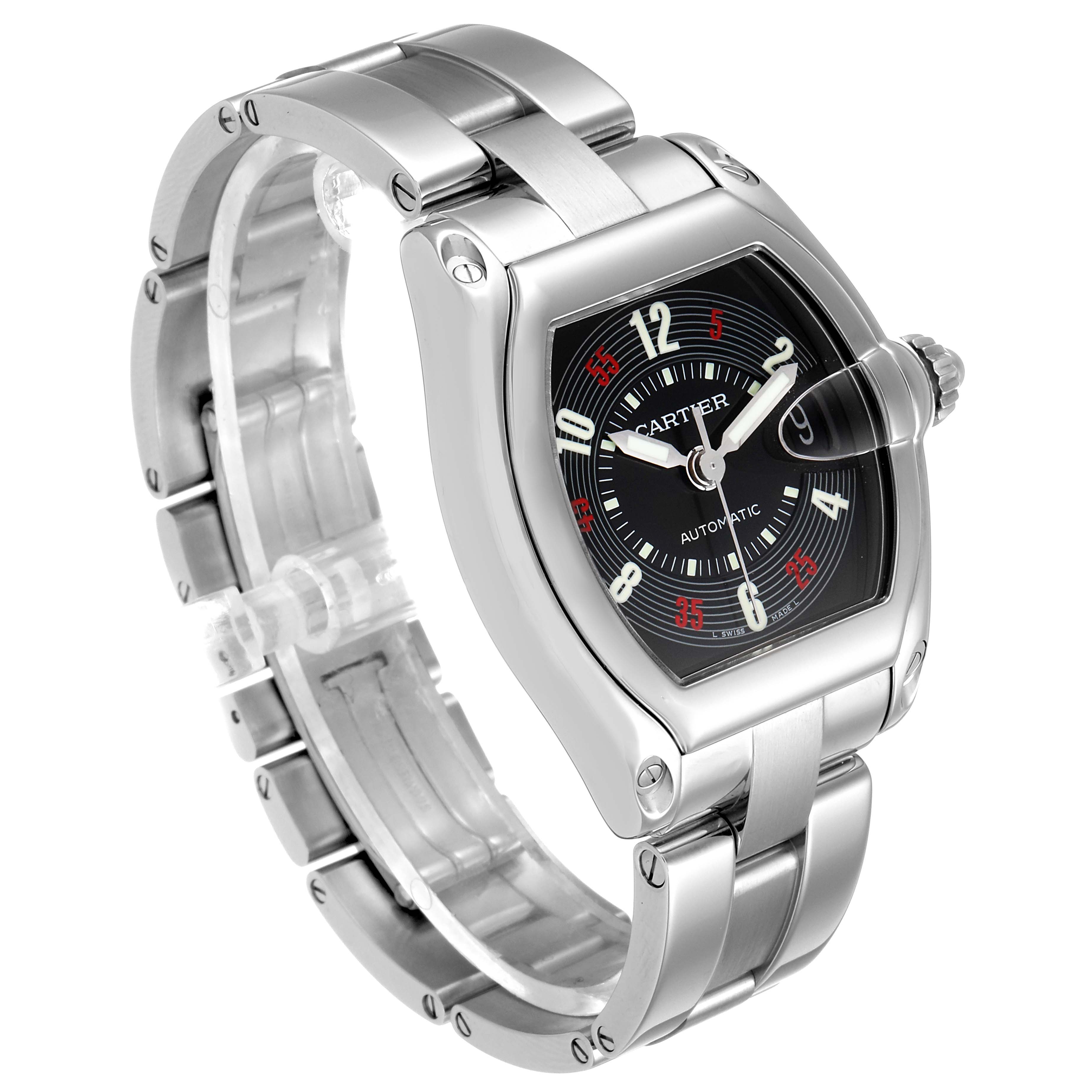 The image shows a Cartier Roadster W62002V3 Men's Stainless Steel Black Dial W62002V3 Men's Stainless Steel Black Dial watch at an angle highlighting its face, bezel, crown, and metal bracelet.