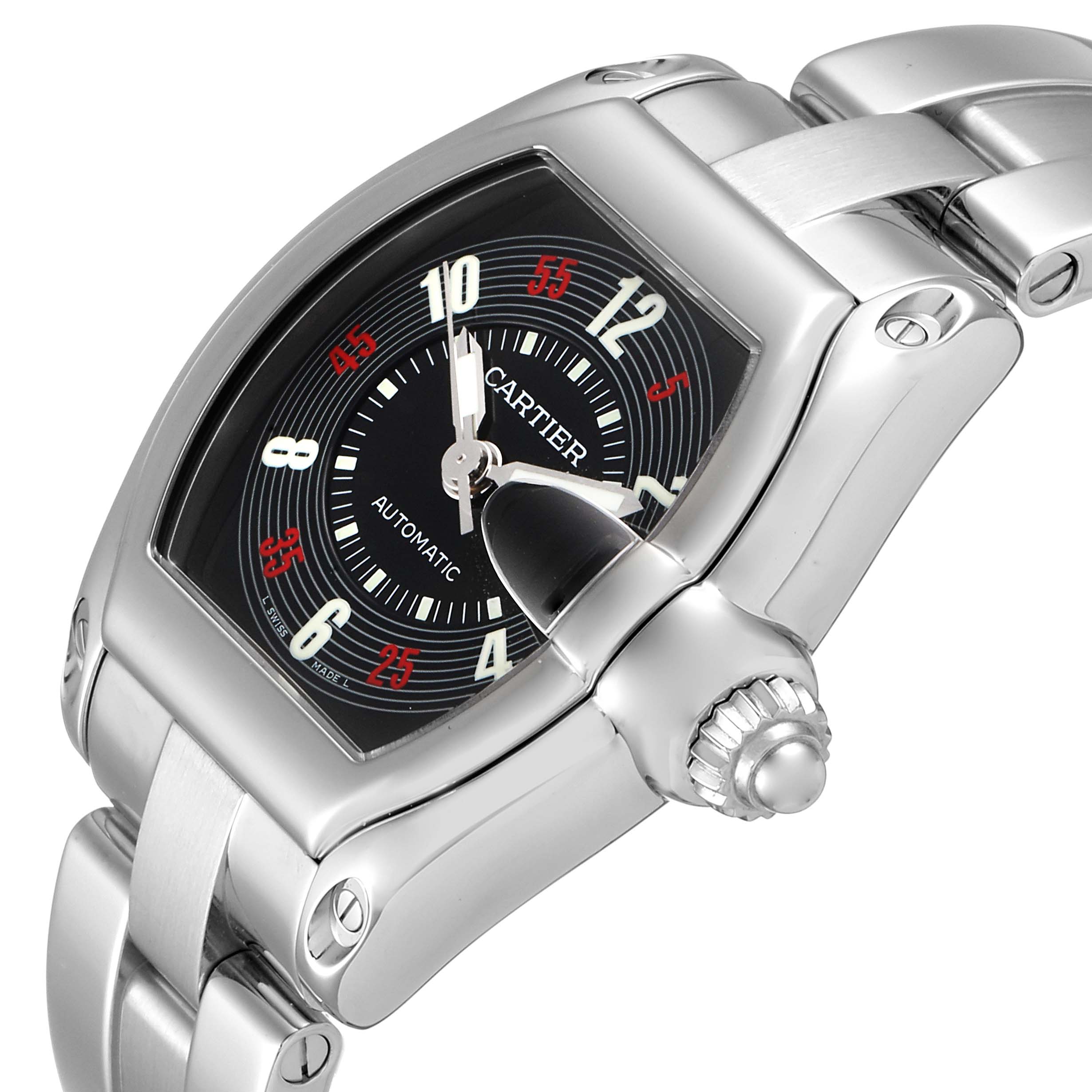 This image shows a close-up, angled view of the Cartier Roadster W62002V3 Men's Stainless Steel Black Dial W62002V3 Men's Stainless Steel Black Dial watch, highlighting the dial, crown, and part of the bracelet.