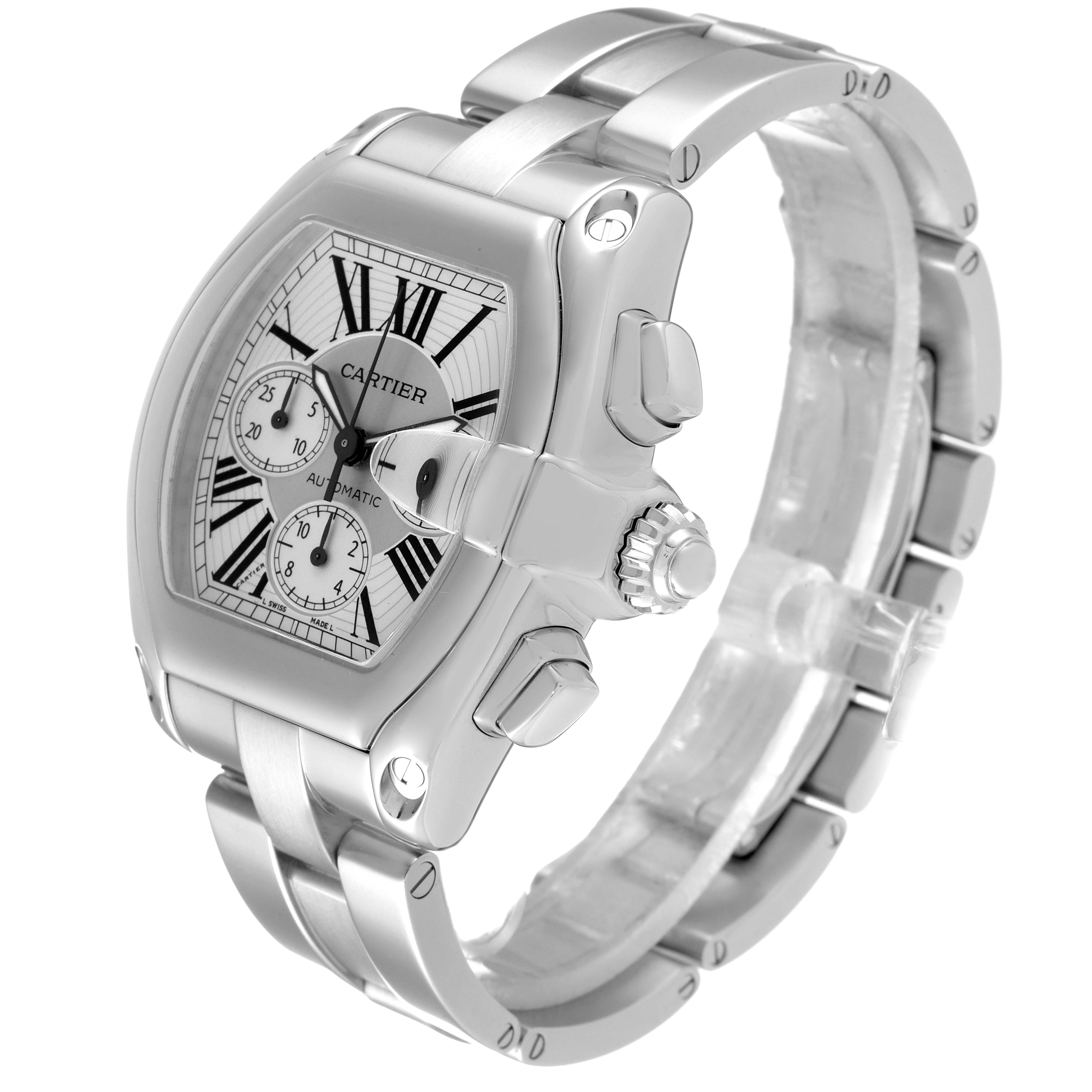 The Cartier Roadster W62019X6 Men
s Stainless Steel Silver Dial W62019X6 Men
s Stainless Steel Silver Dial watch is shown from an angled side view, highlighting its dial, crown, and metal bracelet.