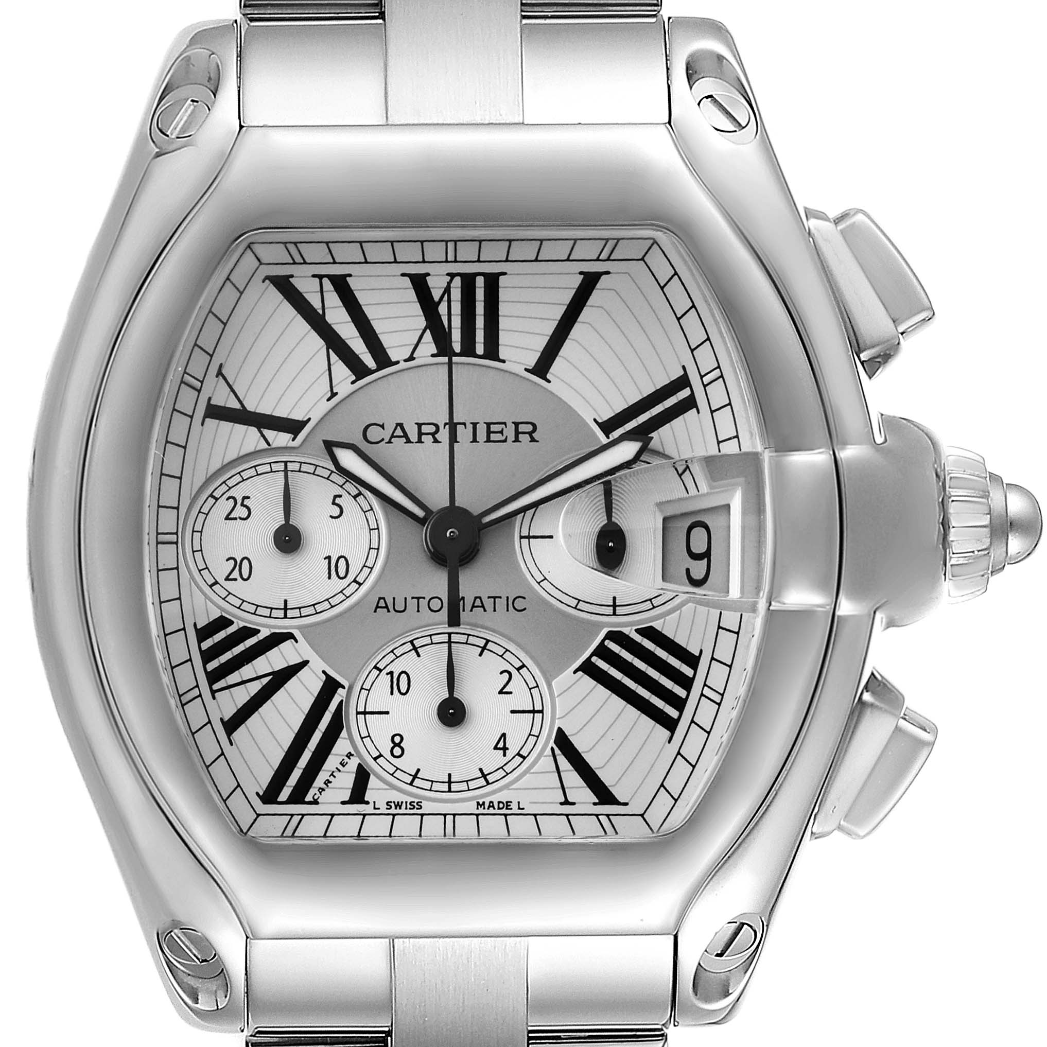 This image shows the front dial and case of a Cartier Roadster W62019X6 Men
s Stainless Steel Silver Dial W62019X6 Men
s Stainless Steel Silver Dial watch, highlighting the chronograph sub-dials and date display.