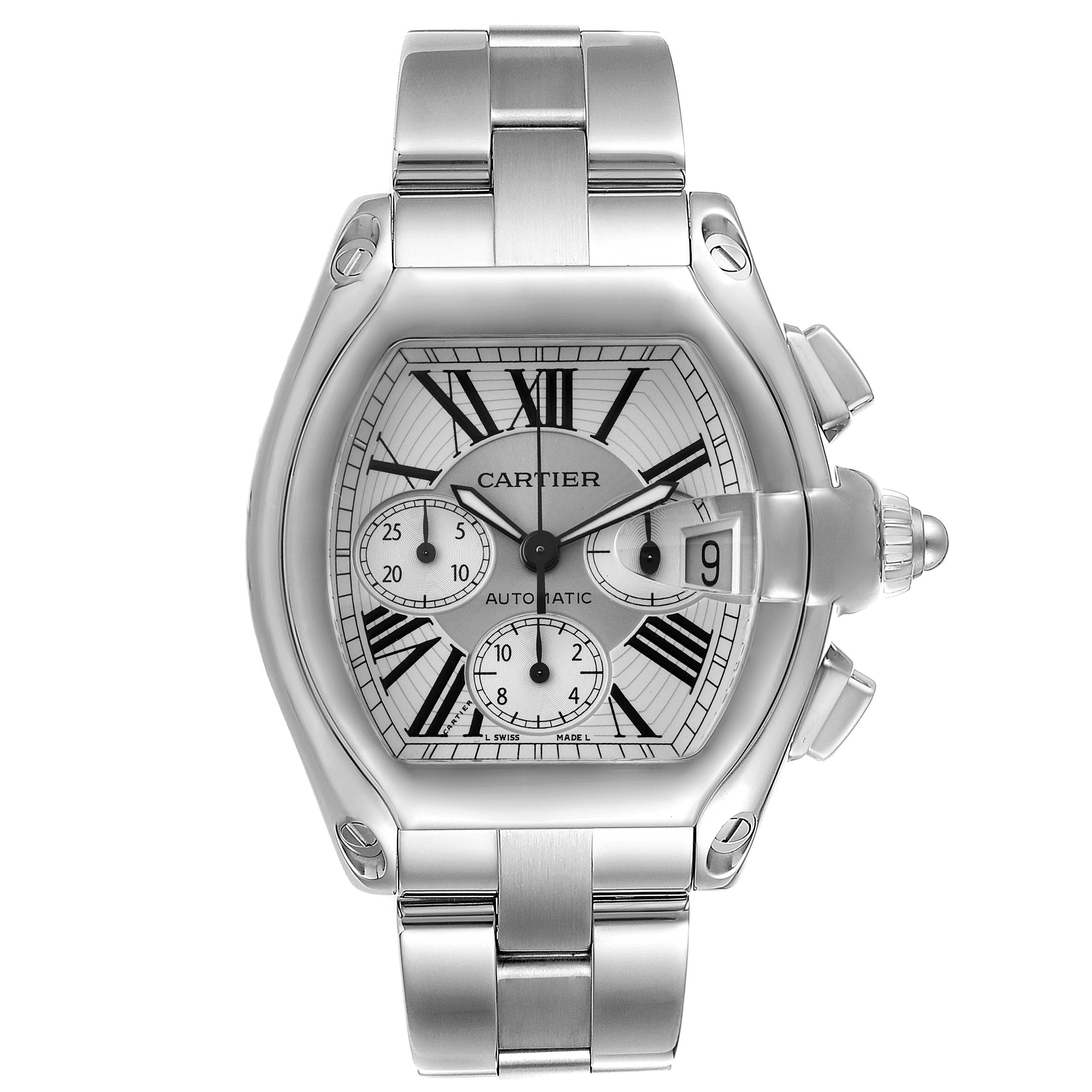 The Cartier Roadster W62019X6 Men
s Stainless Steel Silver Dial W62019X6 Men
s Stainless Steel Silver Dial watch is shown from the front, highlighting its dial, bracelet, date indicator, and chronograph subdials.