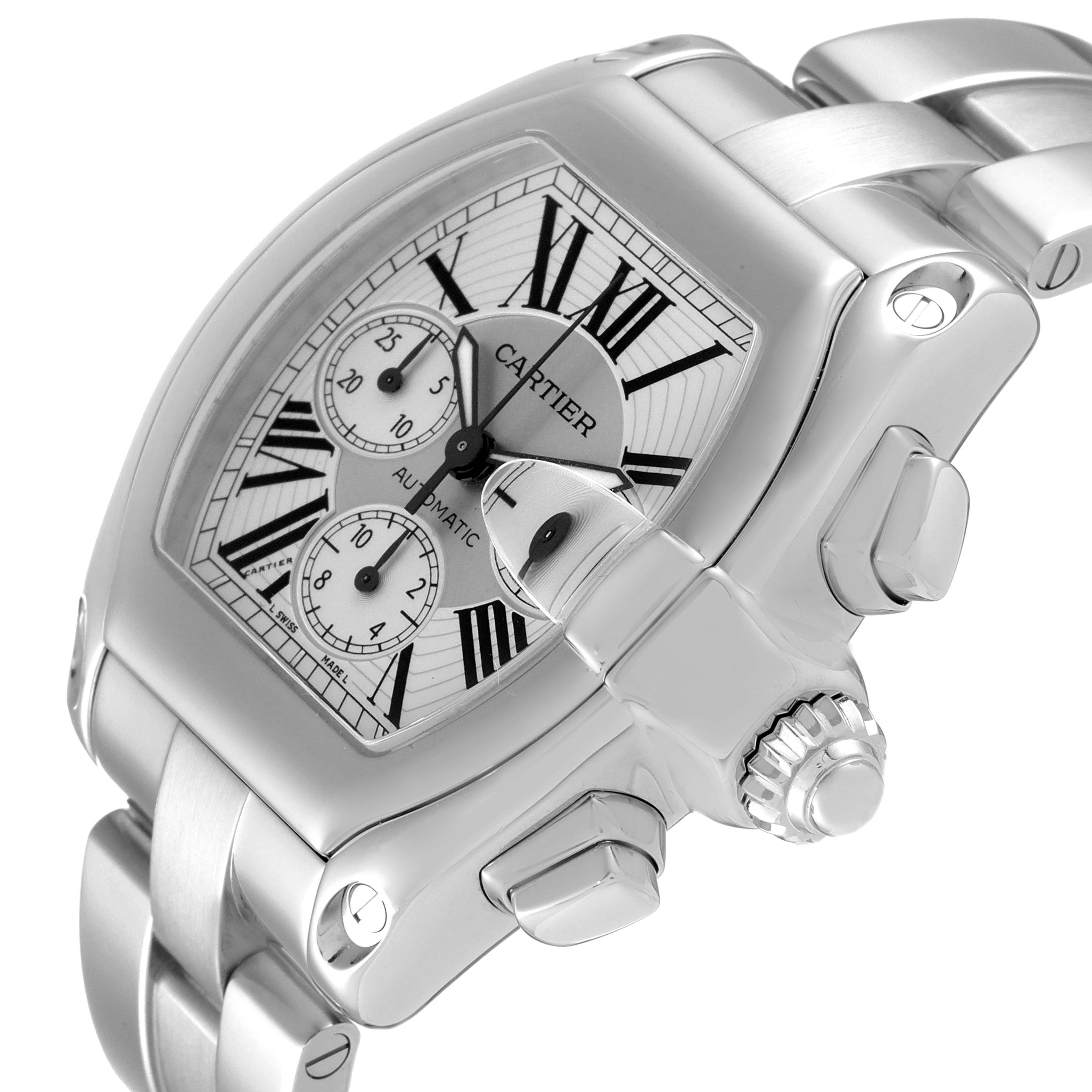 The image shows a Cartier Roadster W62019X6 Men
s Stainless Steel Silver Dial W62019X6 Men
s Stainless Steel Silver Dial watch from a three-quarter angle, highlighting its face, crown, and bracelet.