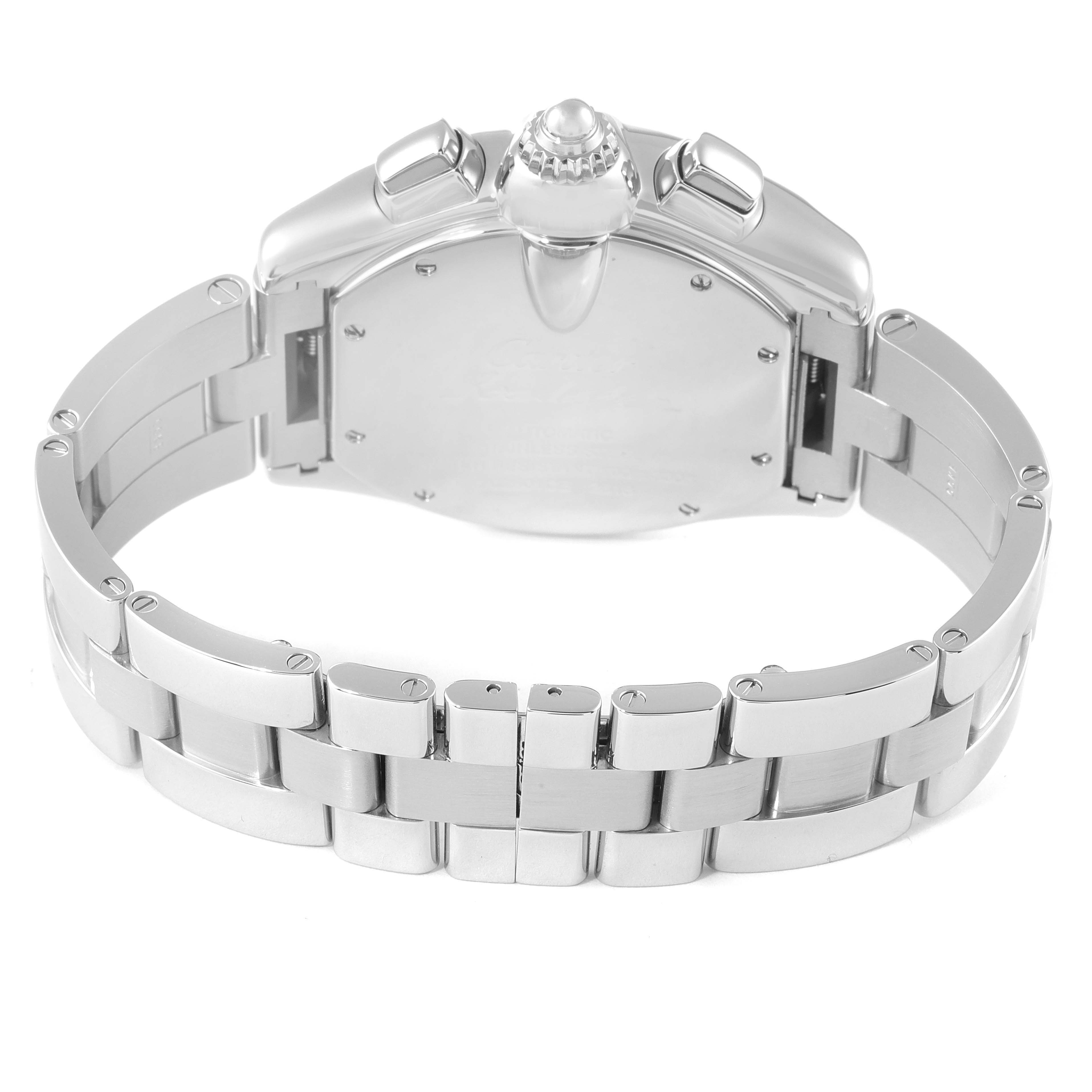 The Cartier Roadster W62019X6 Men
s Stainless Steel Silver Dial W62019X6 Men
s Stainless Steel Silver Dial watch is shown from the back, highlighting its metal bracelet and case back.