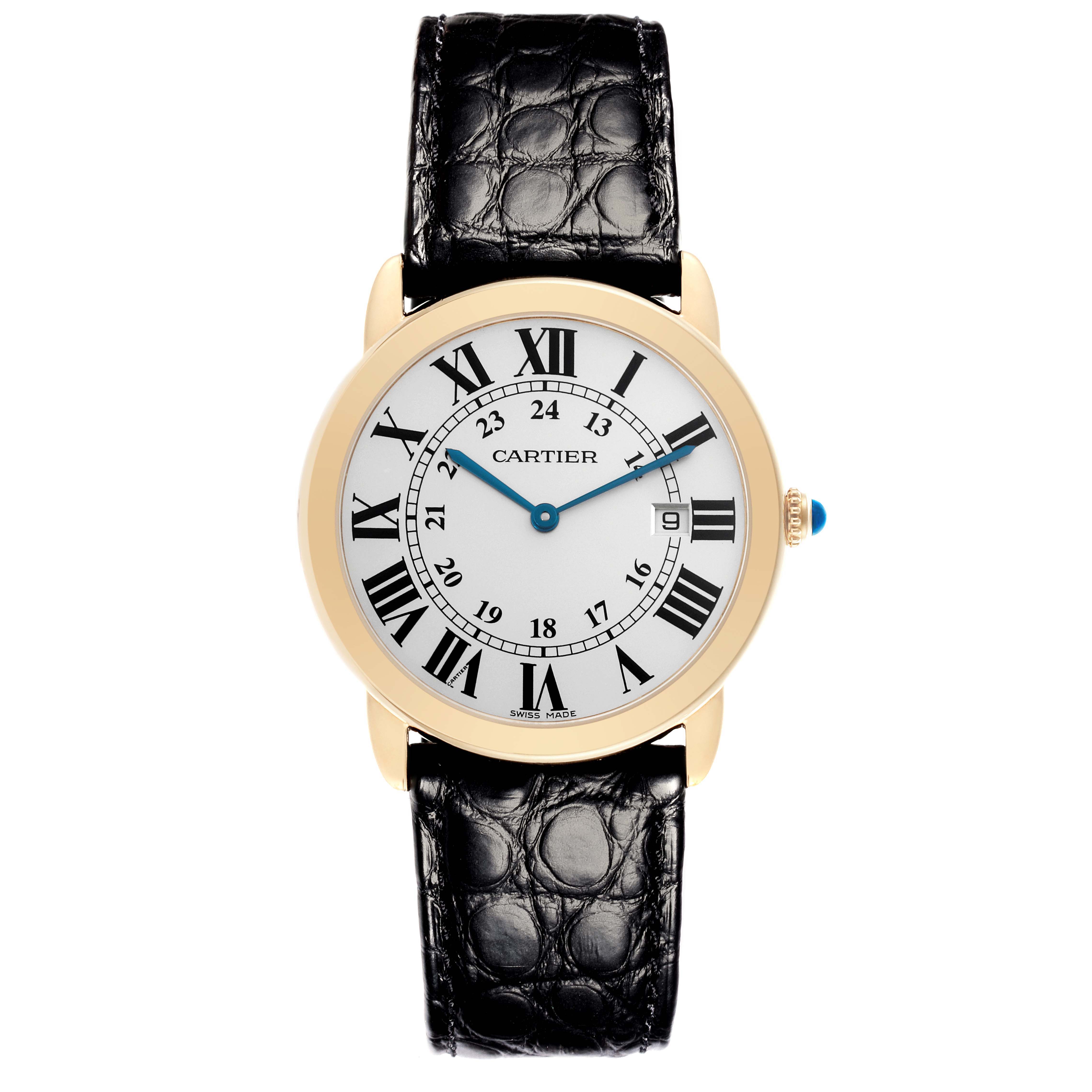The image shows a frontal view of the Cartier Ronde W6700455 Men's Steel and Gold (two tone) Silver Dial W6700455 Men's Steel and Gold (two tone) Silver Dial watch, highlighting its Roman numerals, leather strap, and gold case.
