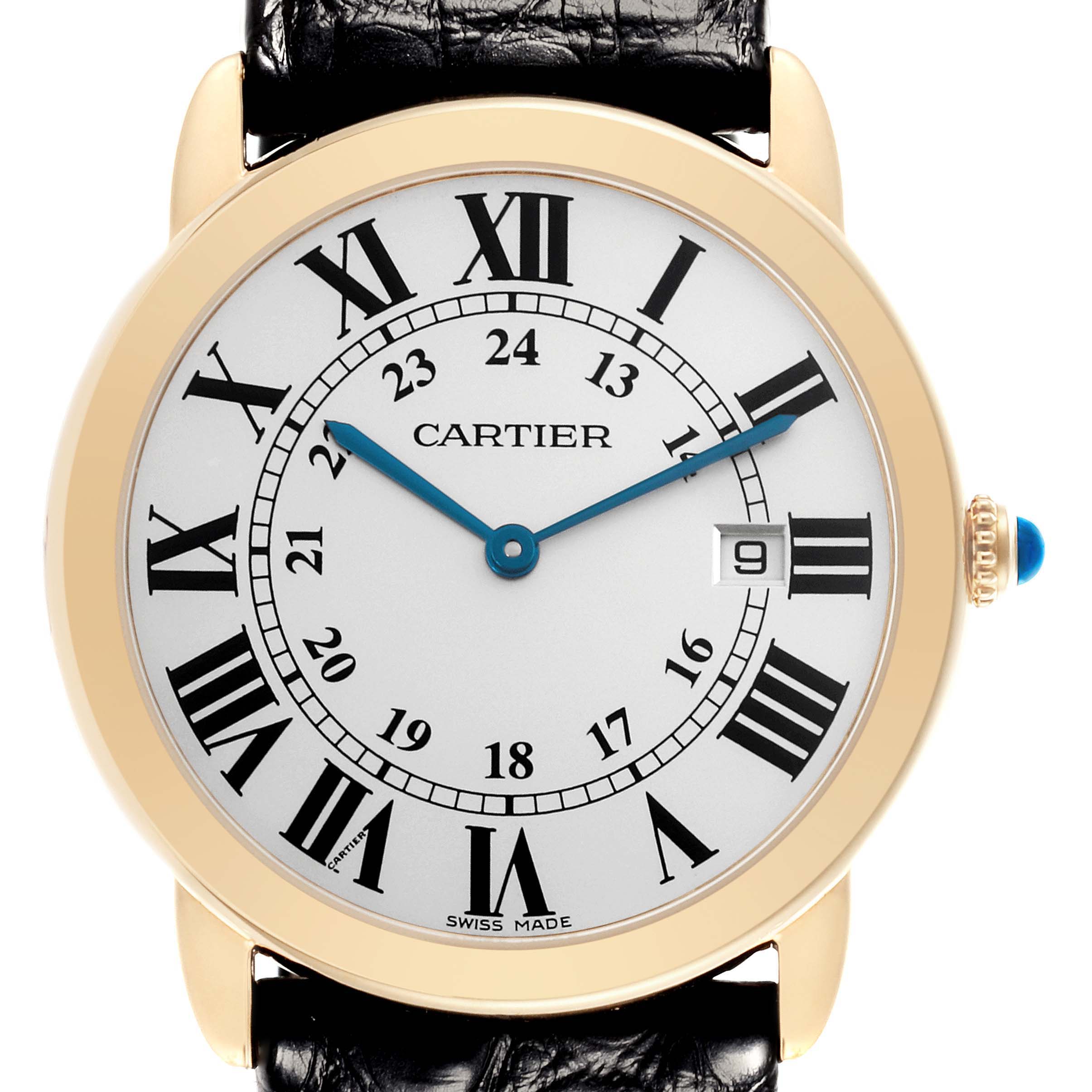This image shows a Cartier Ronde W6700455 Men's Steel and Gold (two tone) Silver Dial W6700455 Men's Steel and Gold (two tone) Silver Dial watch from a front angle, featuring the dial with Roman numerals and a date window.