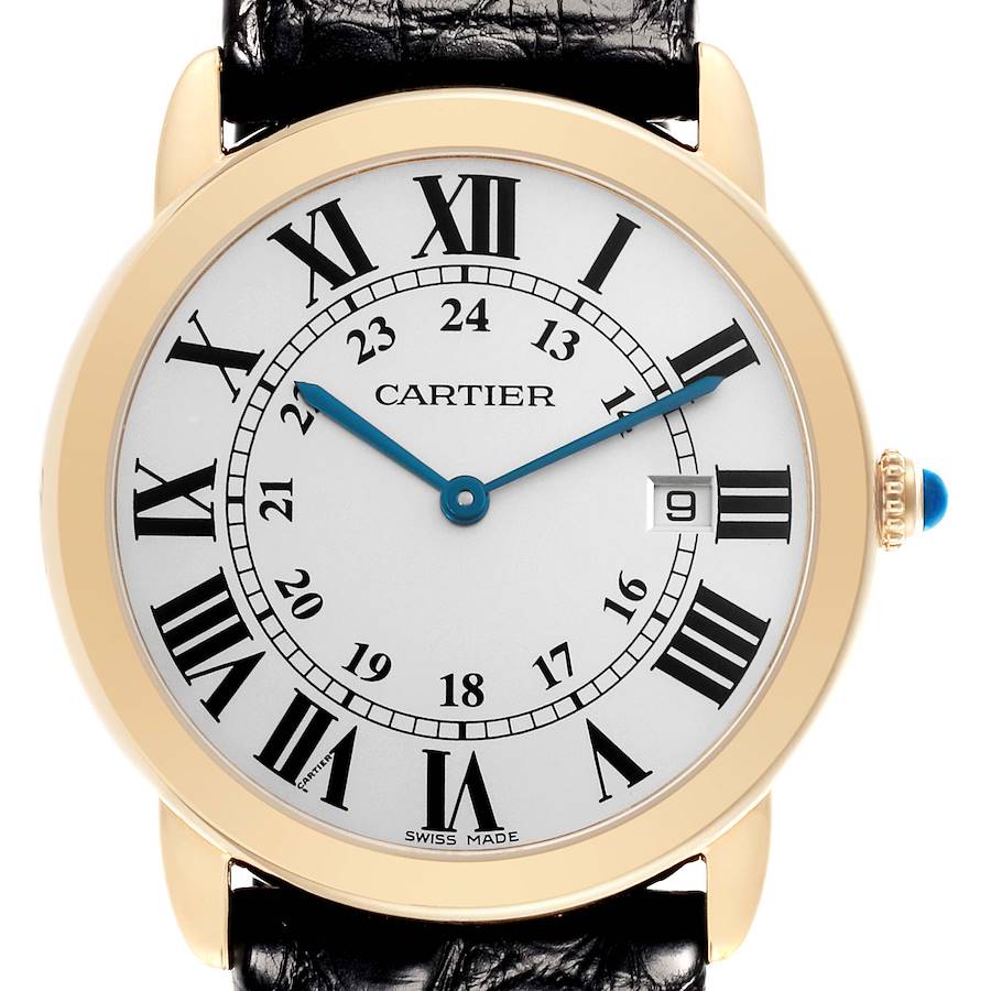 This image shows a Cartier Ronde watch from a front angle, featuring the dial with Roman numerals and a date window.