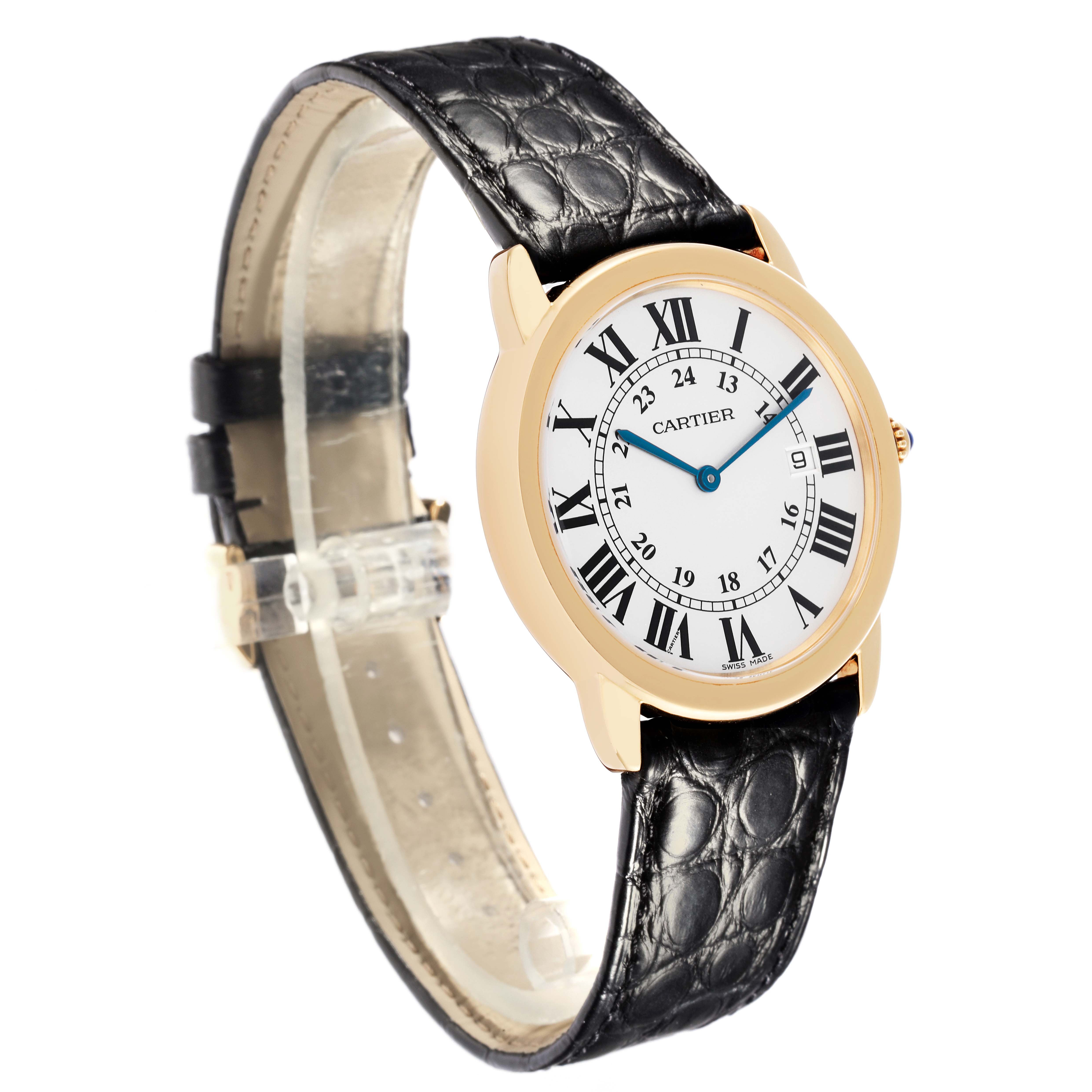 The Cartier Ronde W6700455 Men's Steel and Gold (two tone) Silver Dial W6700455 Men's Steel and Gold (two tone) Silver Dial watch is shown at a three-quarter angle, displaying its face, case, and black leather strap.