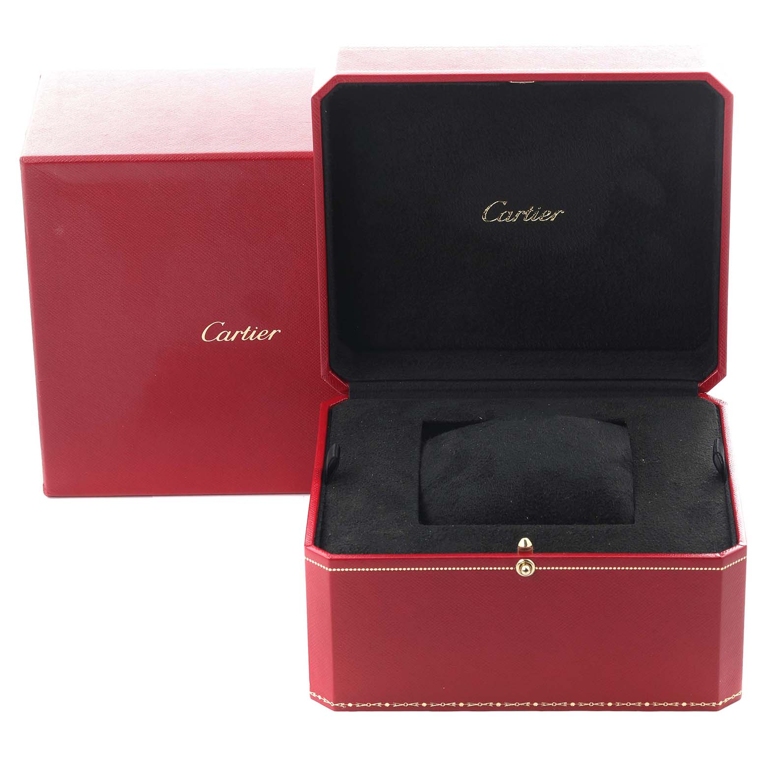 The image shows an open red Cartier box, designed for a Ronde model watch, with plush black interior.