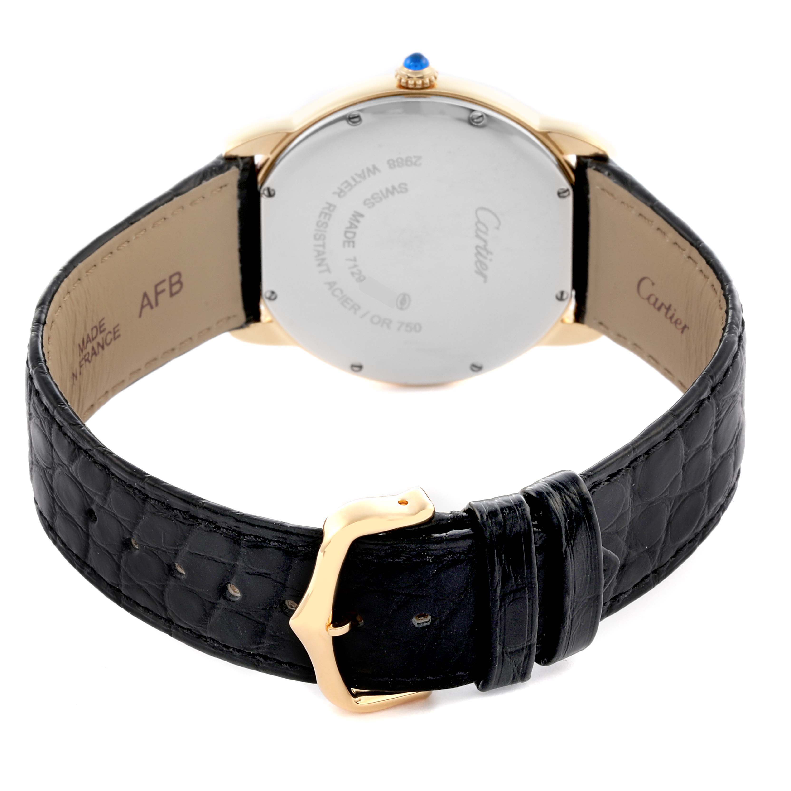 The Cartier Ronde W6700455 Men's Steel and Gold (two tone) Silver Dial W6700455 Men's Steel and Gold (two tone) Silver Dial watch is shown from the back, highlighting the case back, leather strap, and gold buckle.