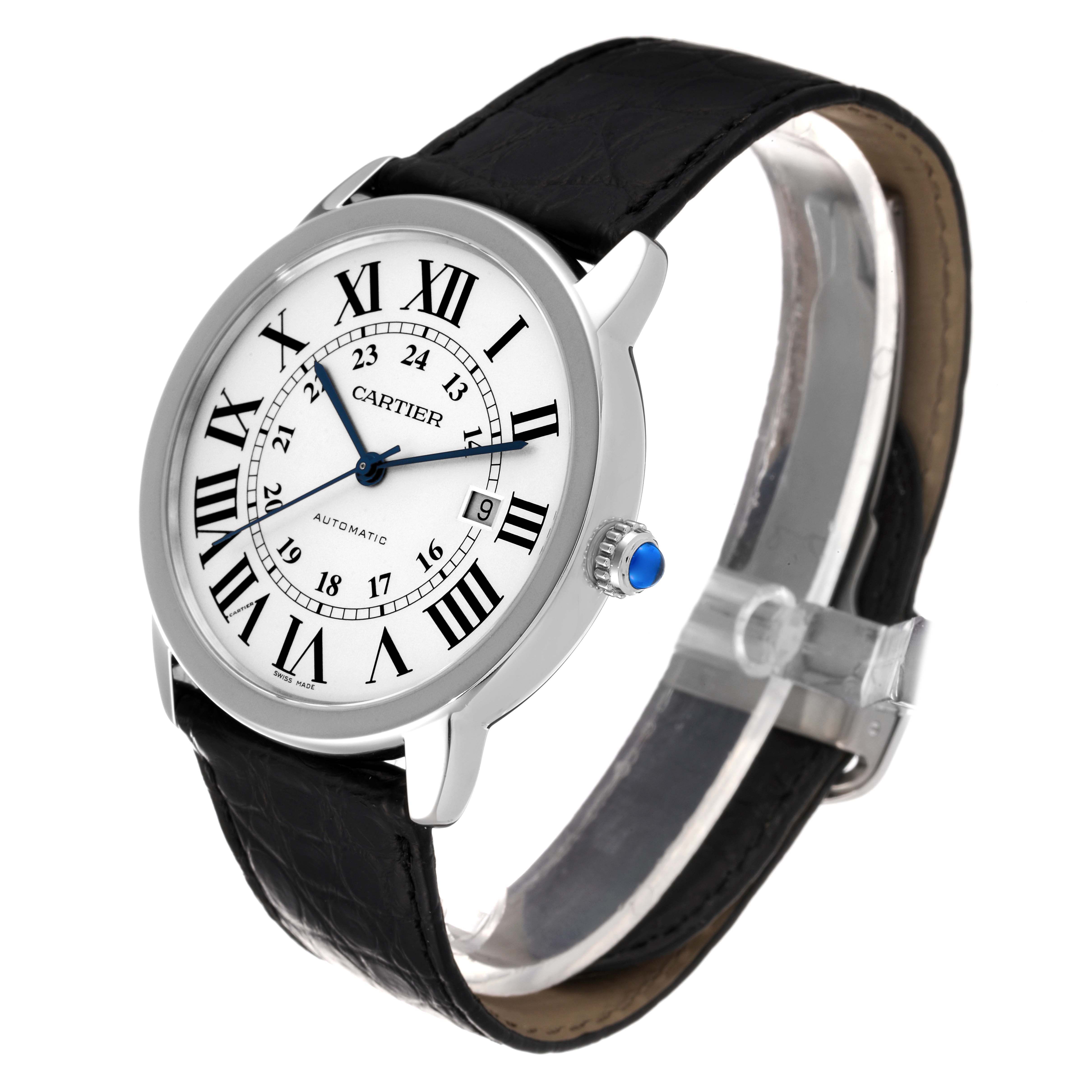 The Cartier Ronde W6701011 Men
s Stainless Steel Silver Dial W6701011 Men
s Stainless Steel Silver Dial watch is shown at an angle displaying the face, silver case, blue hands, and black leather strap.