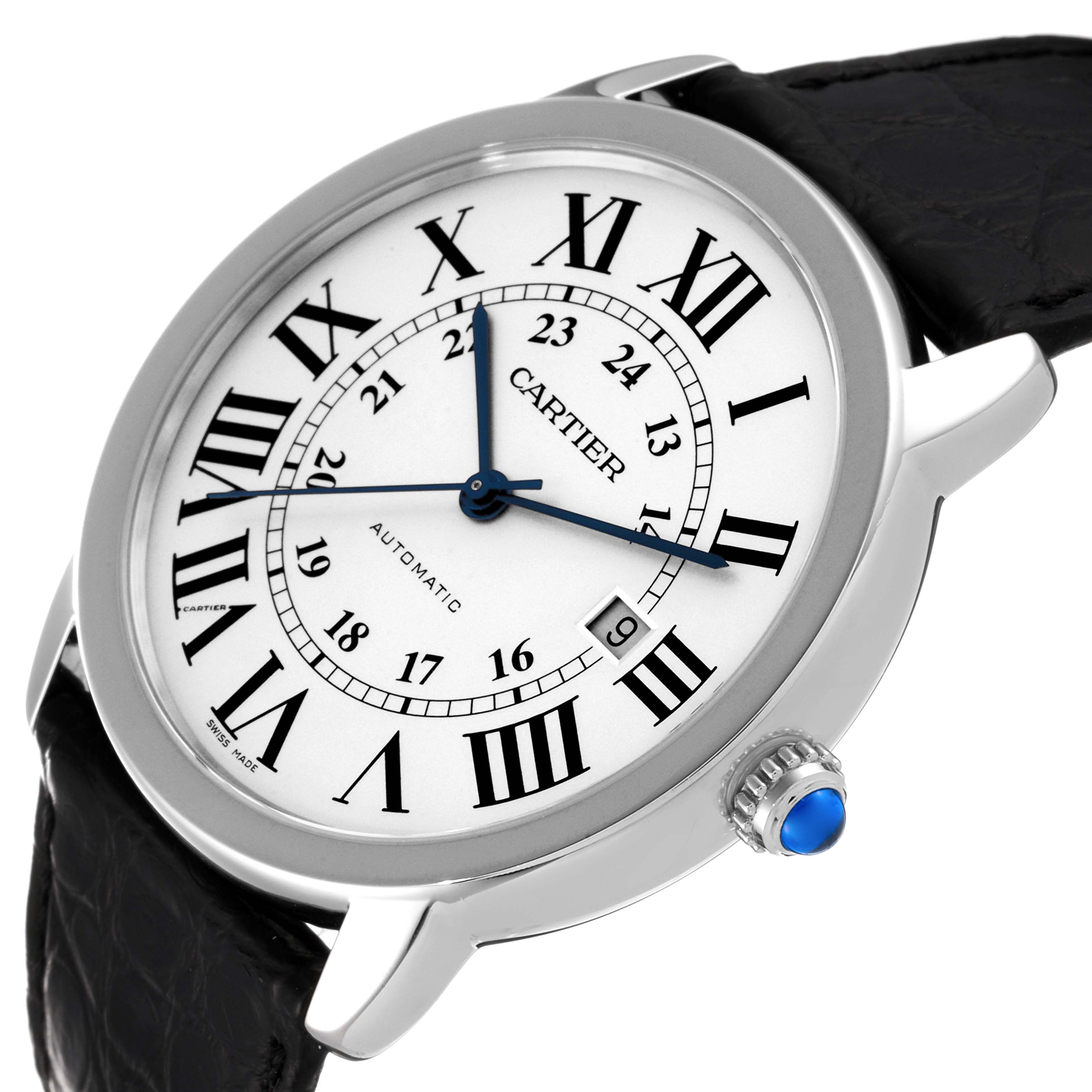 The image shows a Cartier Ronde W6701011 Men
s Stainless Steel Silver Dial W6701011 Men
s Stainless Steel Silver Dial watch at an angle displaying the face, bezel, crown, and part of the strap.