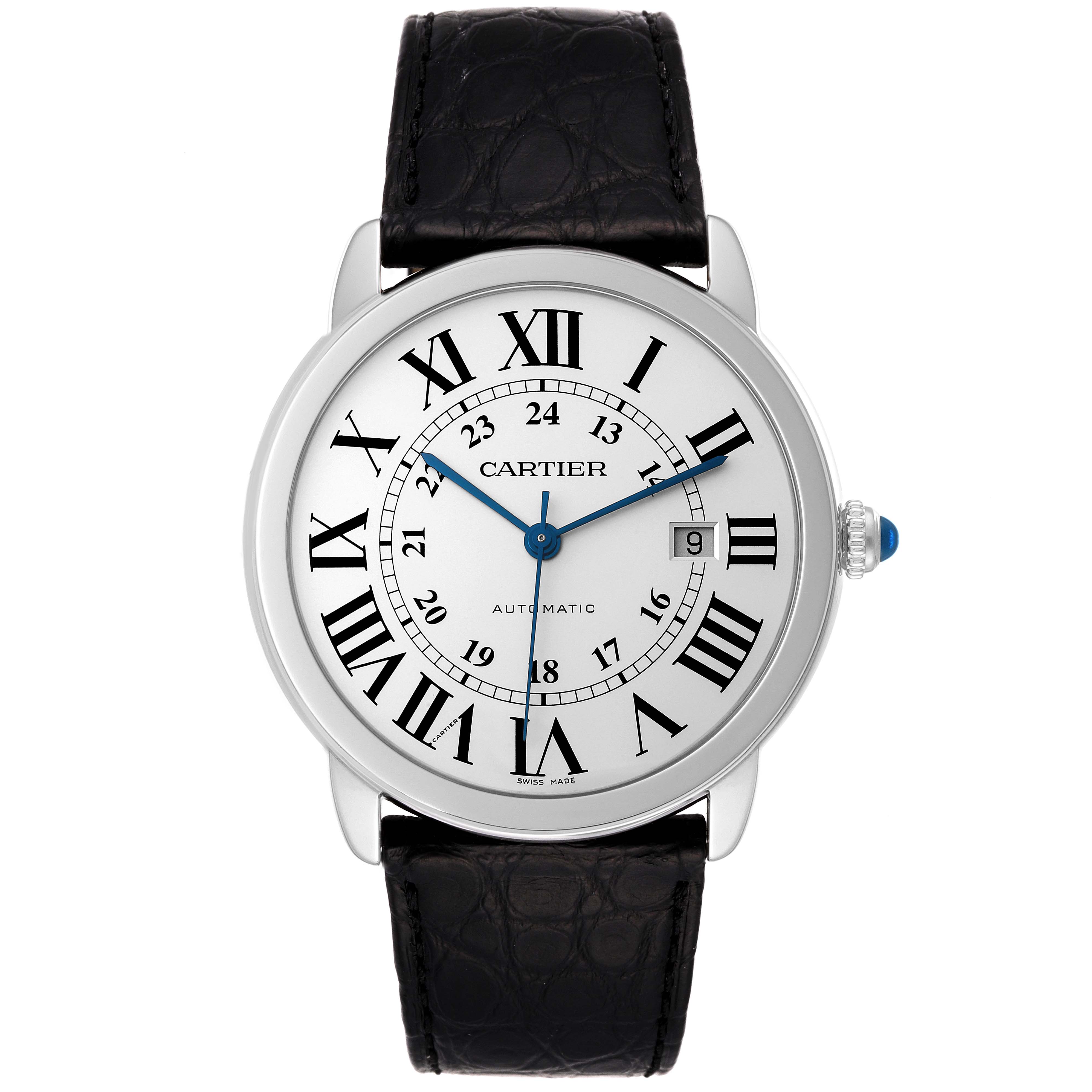 This image shows a front view of the Cartier Ronde W6701011 Men
s Stainless Steel Silver Dial W6701011 Men
s Stainless Steel Silver Dial model watch with a leather strap, Roman numeral dial, and a date window.