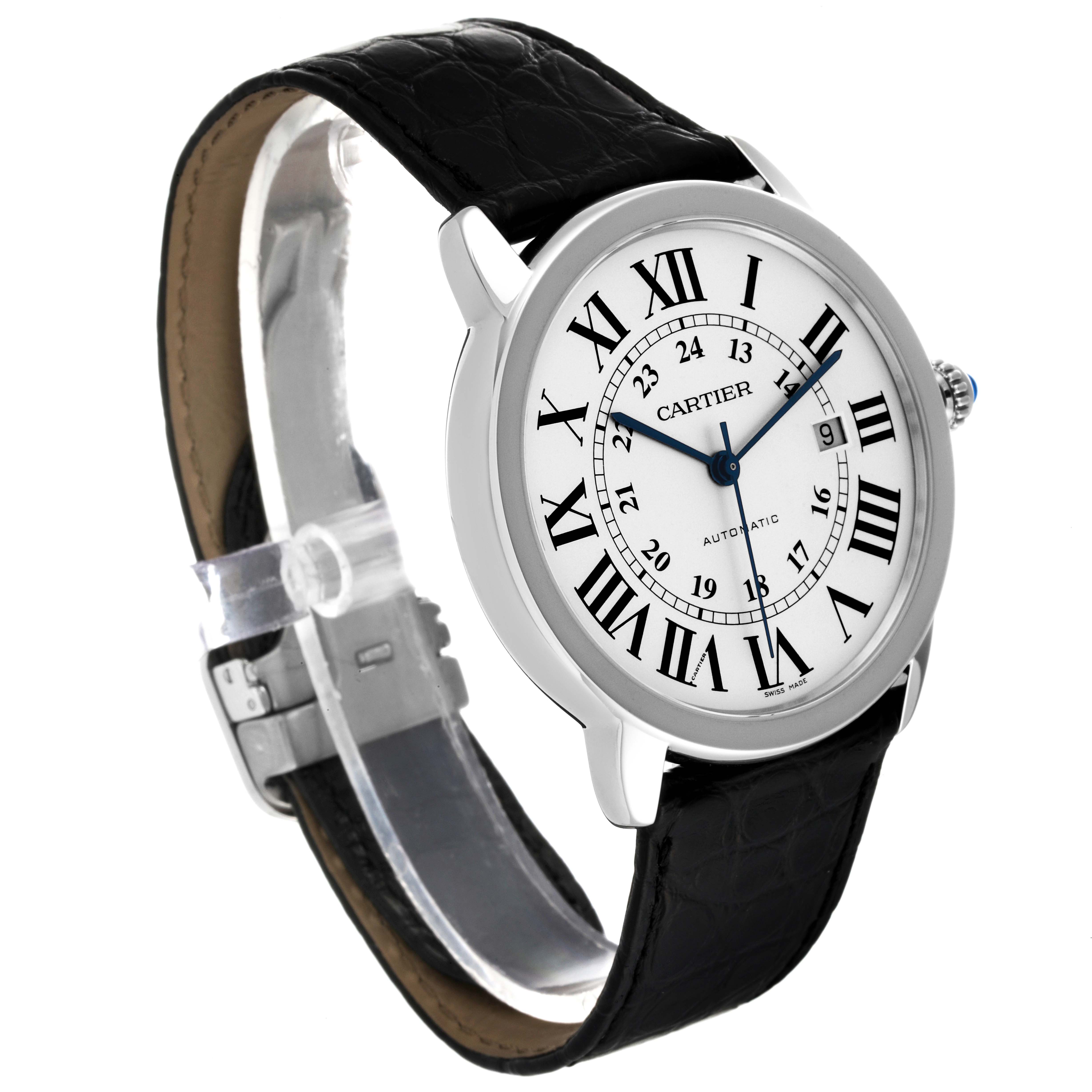 The image shows a Cartier Ronde W6701011 Men
s Stainless Steel Silver Dial W6701011 Men
s Stainless Steel Silver Dial watch at an angled side view, displaying its dial, Roman numerals, hands, and leather strap.