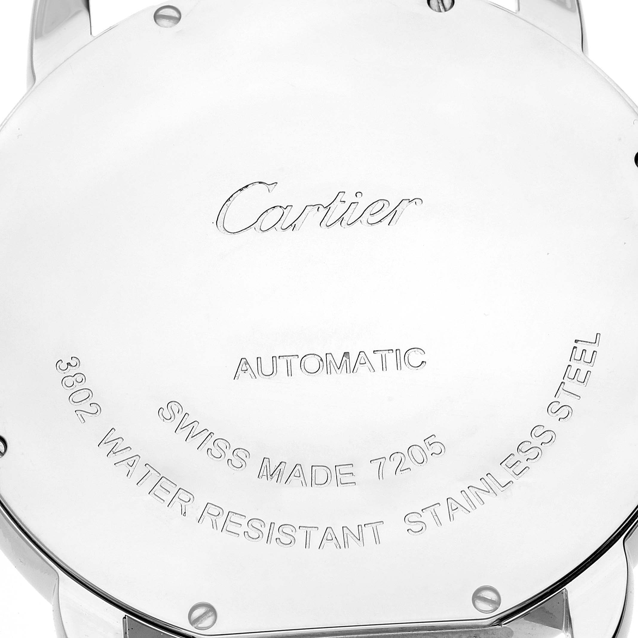 This image shows the back case of a Cartier Ronde W6701011 Men
s Stainless Steel Silver Dial W6701011 Men
s Stainless Steel Silver Dial model watch, highlighting its inscriptions and material.