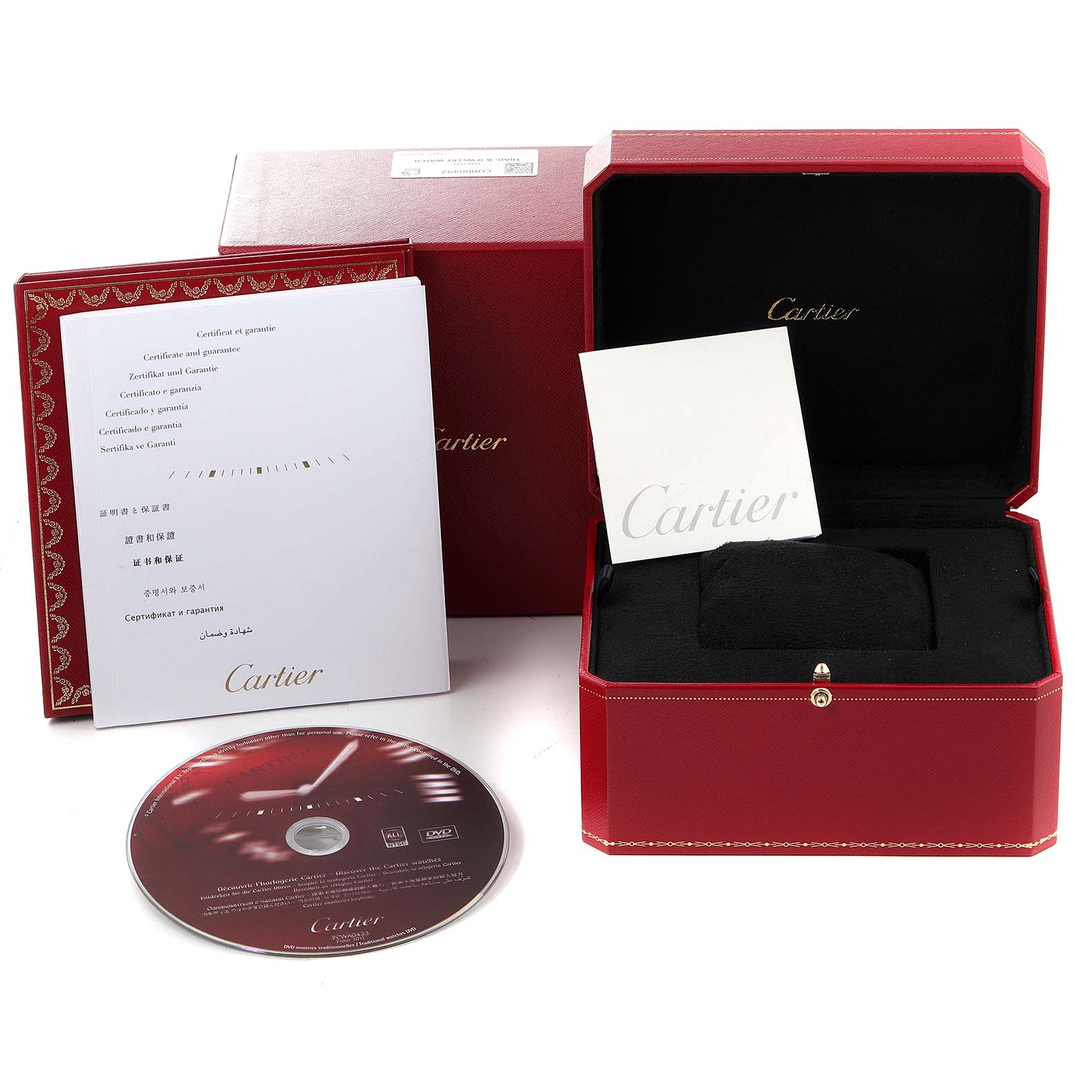 The image shows a Cartier Santos W20106X8 Men's Steel and Gold (two tone) Silver Dial W20106X8 Men's Steel and Gold (two tone) Silver Dial watch box, instruction booklet, warranty card, and a CD from a slightly elevated front angle.