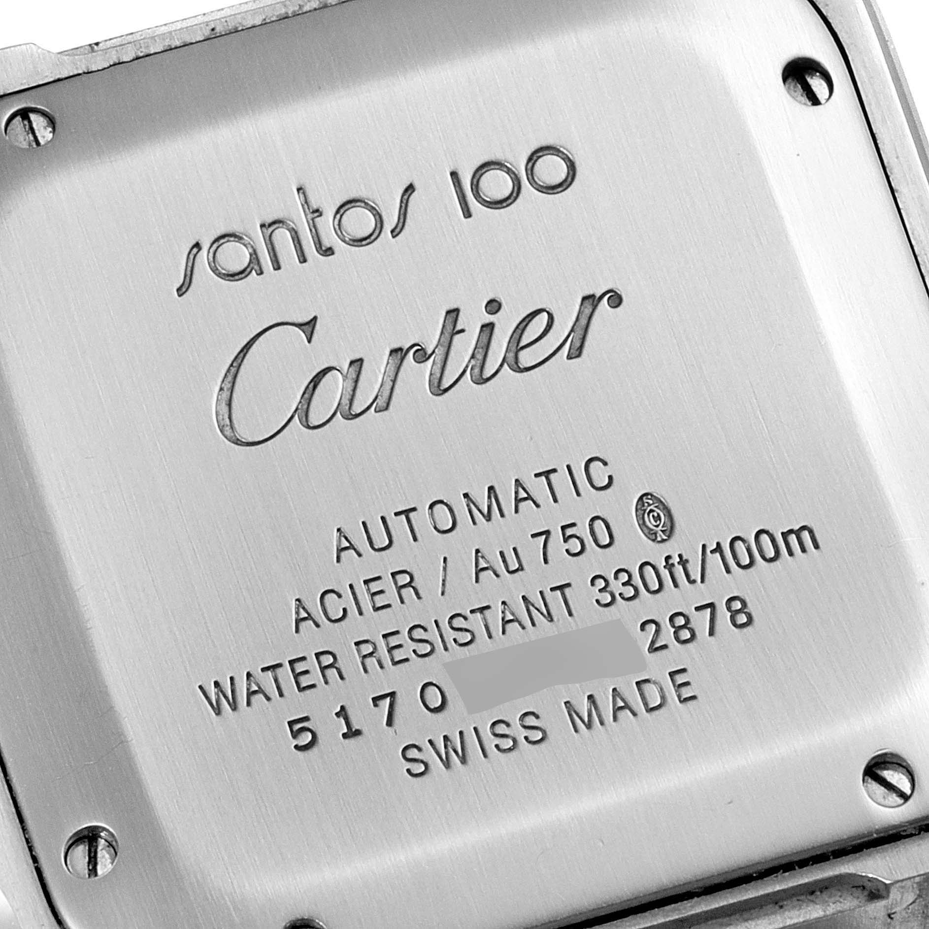 This image shows the back case of a Santos 100 Cartier watch, displaying model details, material information, and water resistance.
