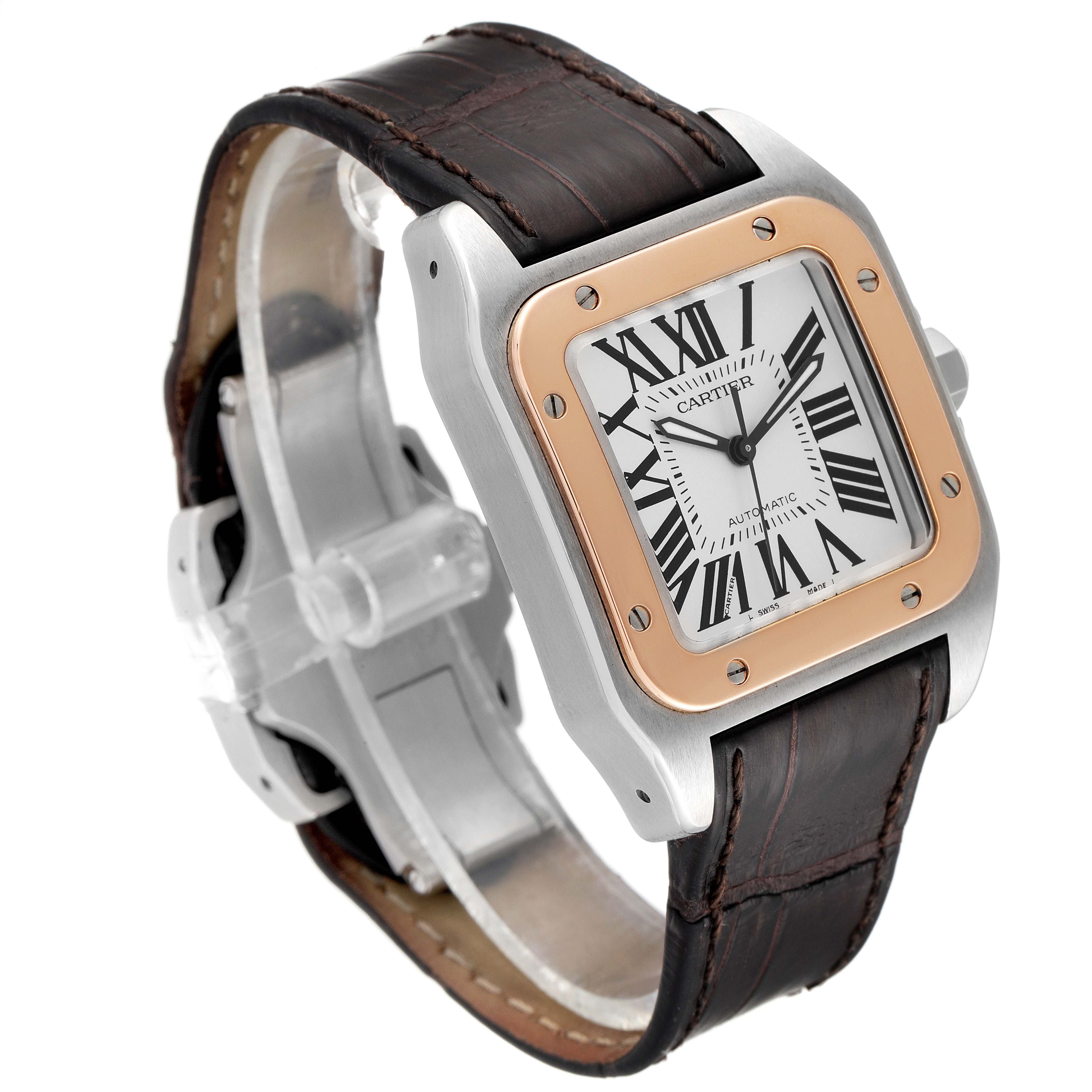 The Cartier Santos W20106X8 Men's Steel and Gold (two tone) Silver Dial W20106X8 Men's Steel and Gold (two tone) Silver Dial watch is shown at a 3/4 angle, highlighting the face, bezel, and leather strap.