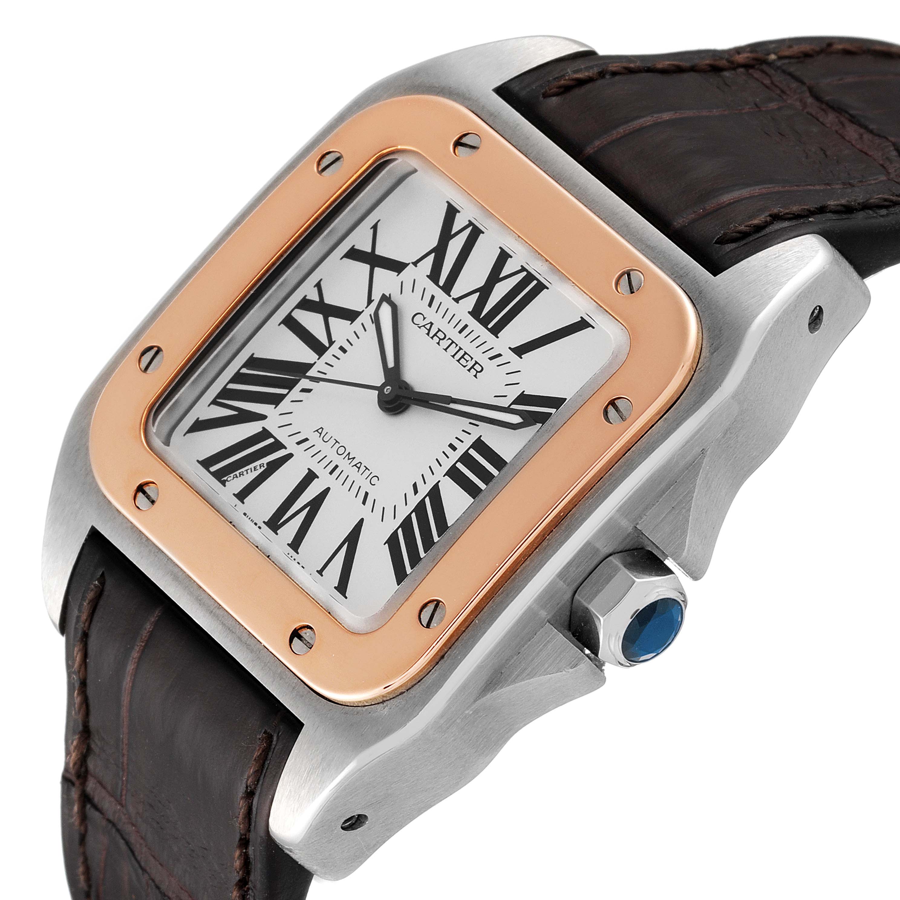 This image shows a close-up of a Cartier Santos W20106X8 Men's Steel and Gold (two tone) Silver Dial W20106X8 Men's Steel and Gold (two tone) Silver Dial watch with a square face, Roman numerals, and a brown leather strap.