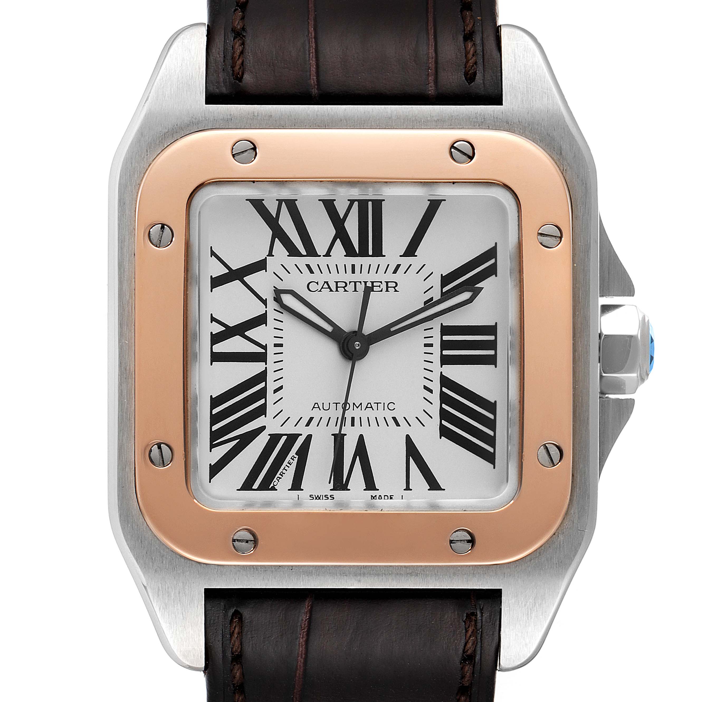 Front view showing the face, bezel, crown, and part of the strap of the Cartier Santos W20106X8 Men's Steel and Gold (two tone) Silver Dial W20106X8 Men's Steel and Gold (two tone) Silver Dial model watch.