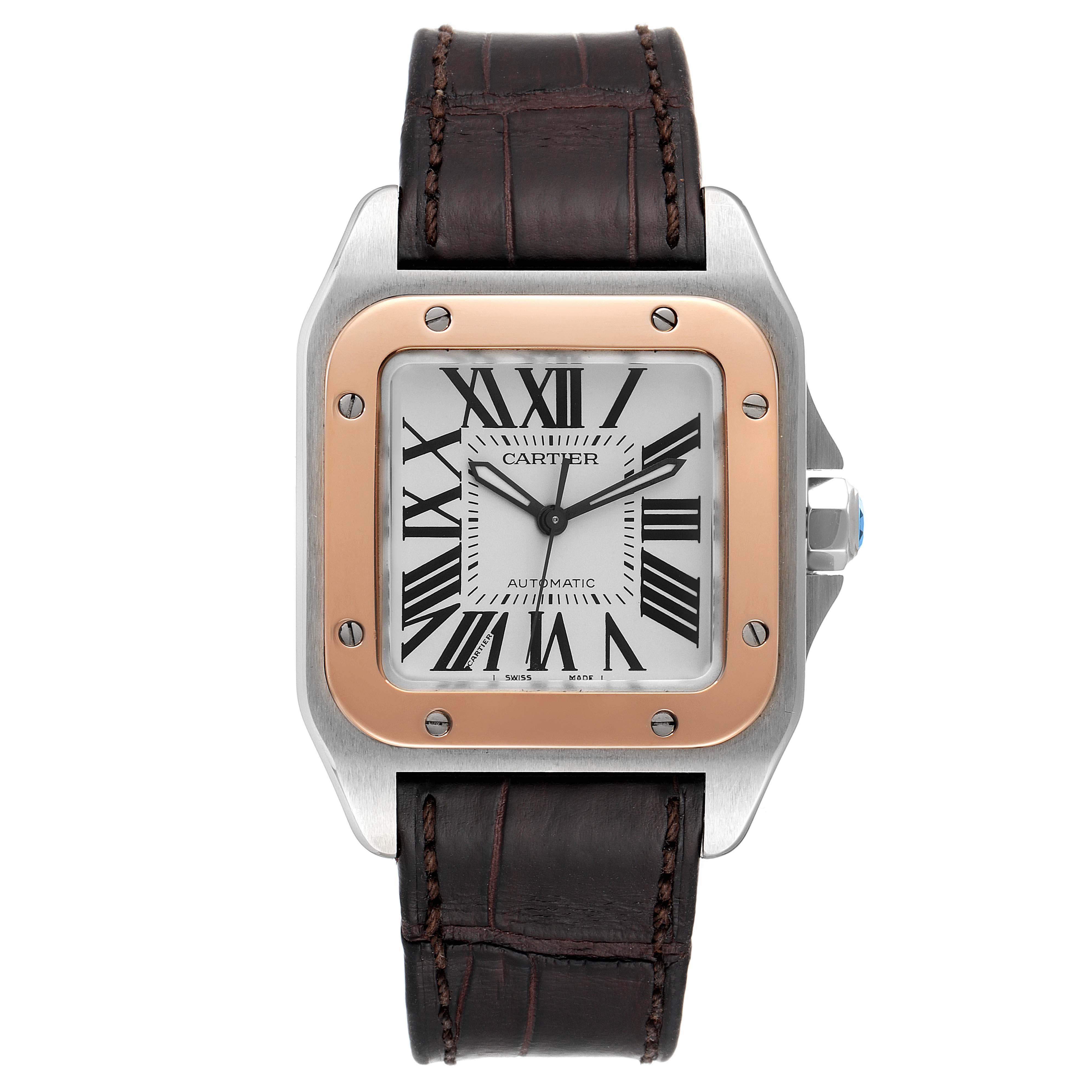 This image shows a front view of the Cartier Santos W20106X8 Men's Steel and Gold (two tone) Silver Dial W20106X8 Men's Steel and Gold (two tone) Silver Dial watch, displaying the dial, bezel, and leather strap.