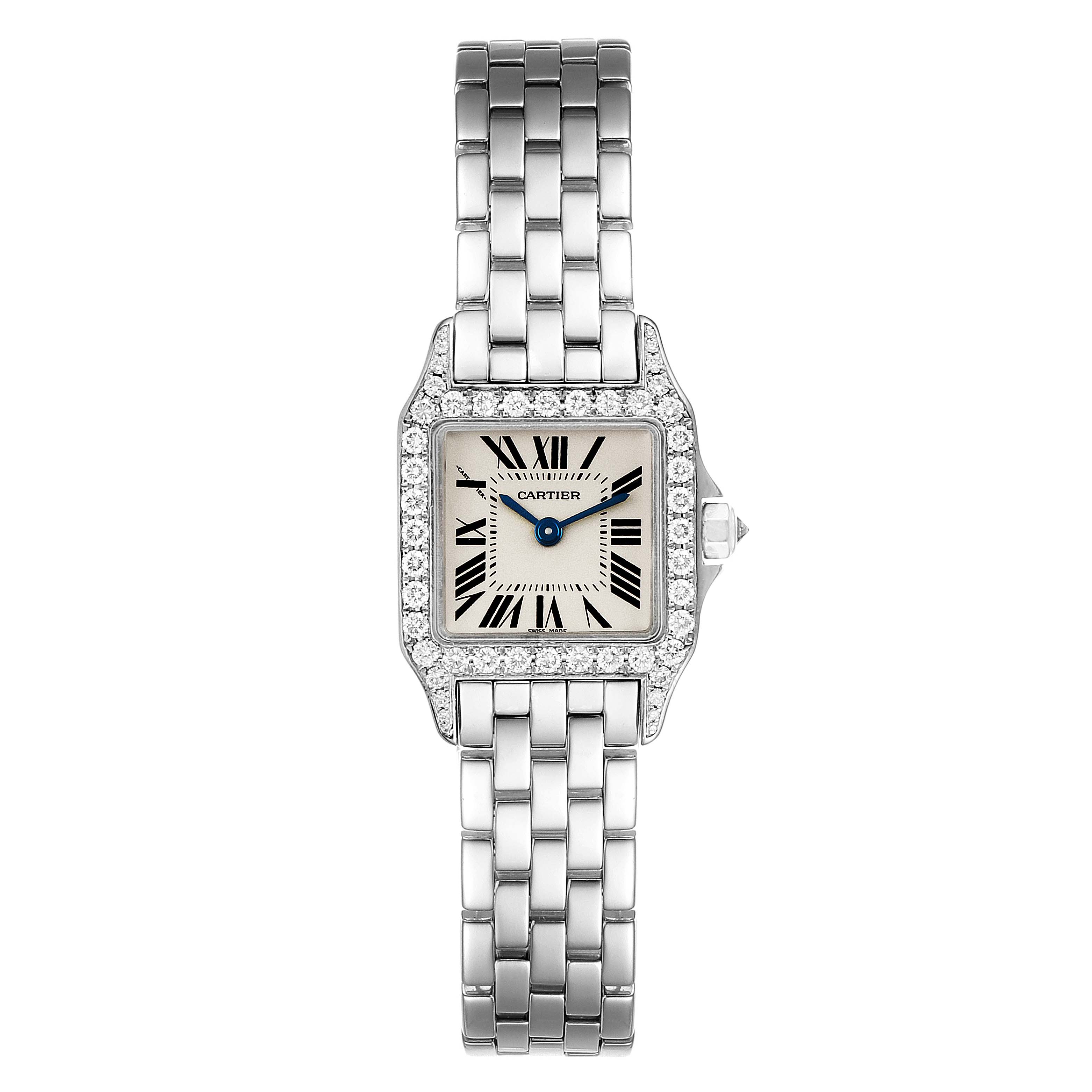 This image shows a front view of the Cartier Santos Demoiselle WF9005Y8 Women's White Gold Silver Dial WF9005Y8 Women's White Gold Silver Dial watch, highlighting its face, bezel, and bracelet.