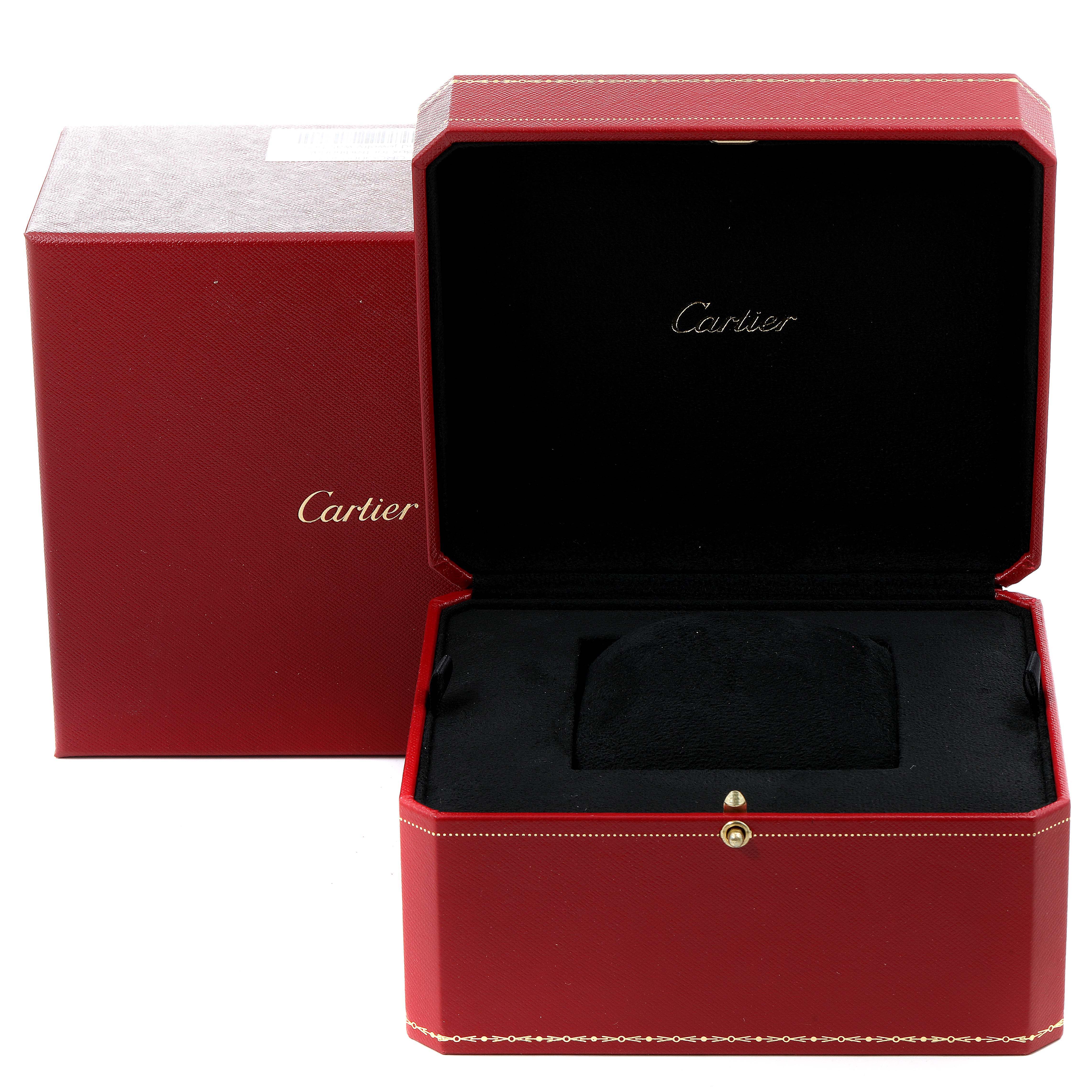 This image shows an open red Cartier box for the Santos Demoiselle model watch, with both the exterior and interior visible.