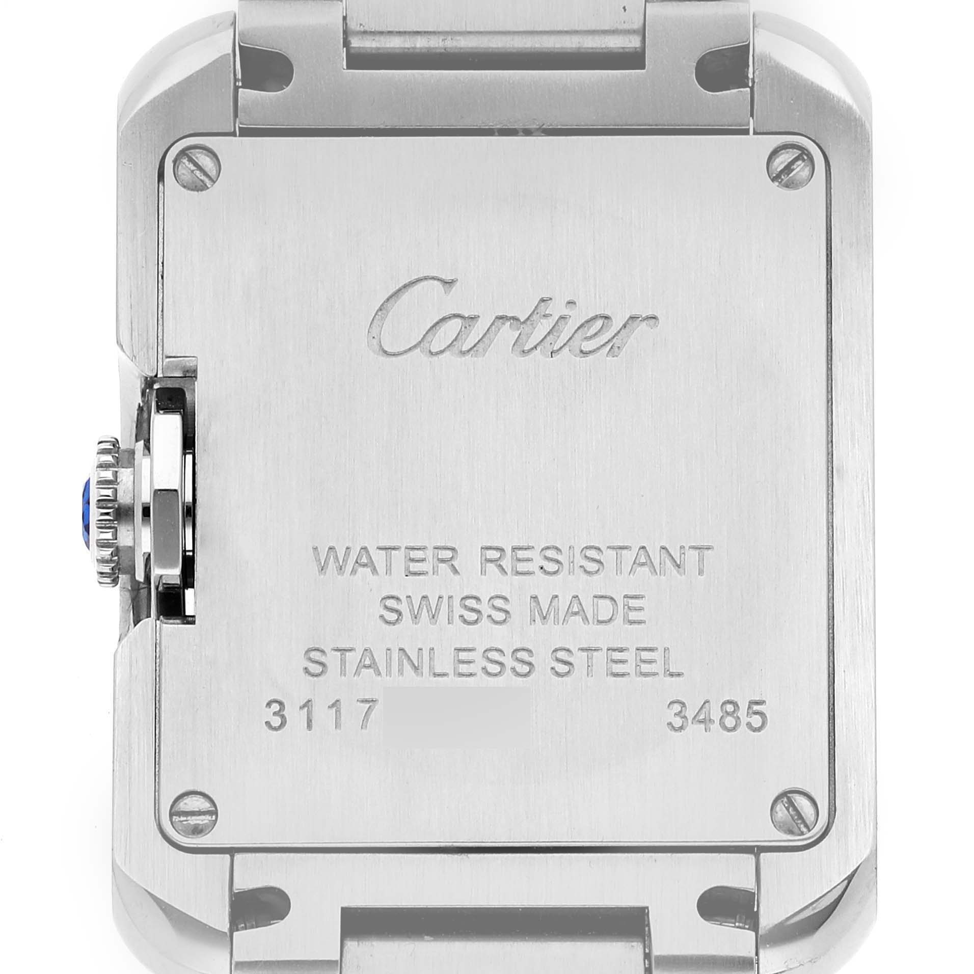 The image shows the back case of a Cartier Tank Anglaise W5310022 Women's Stainless Steel Silver Dial W5310022 Women's Stainless Steel Silver Dial watch, highlighting the brand name, water resistance, Swiss manufacturing, and stainless steel material.