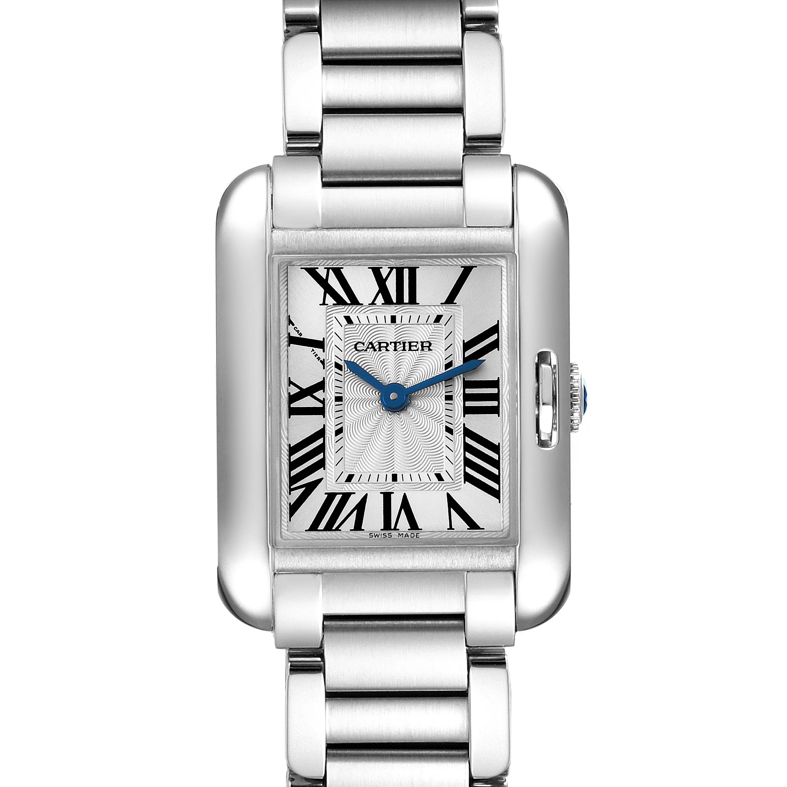 This image shows the front view of the Cartier Tank Anglaise W5310022 Women's Stainless Steel Silver Dial W5310022 Women's Stainless Steel Silver Dial watch, featuring its rectangular dial, Roman numerals, and metal bracelet.