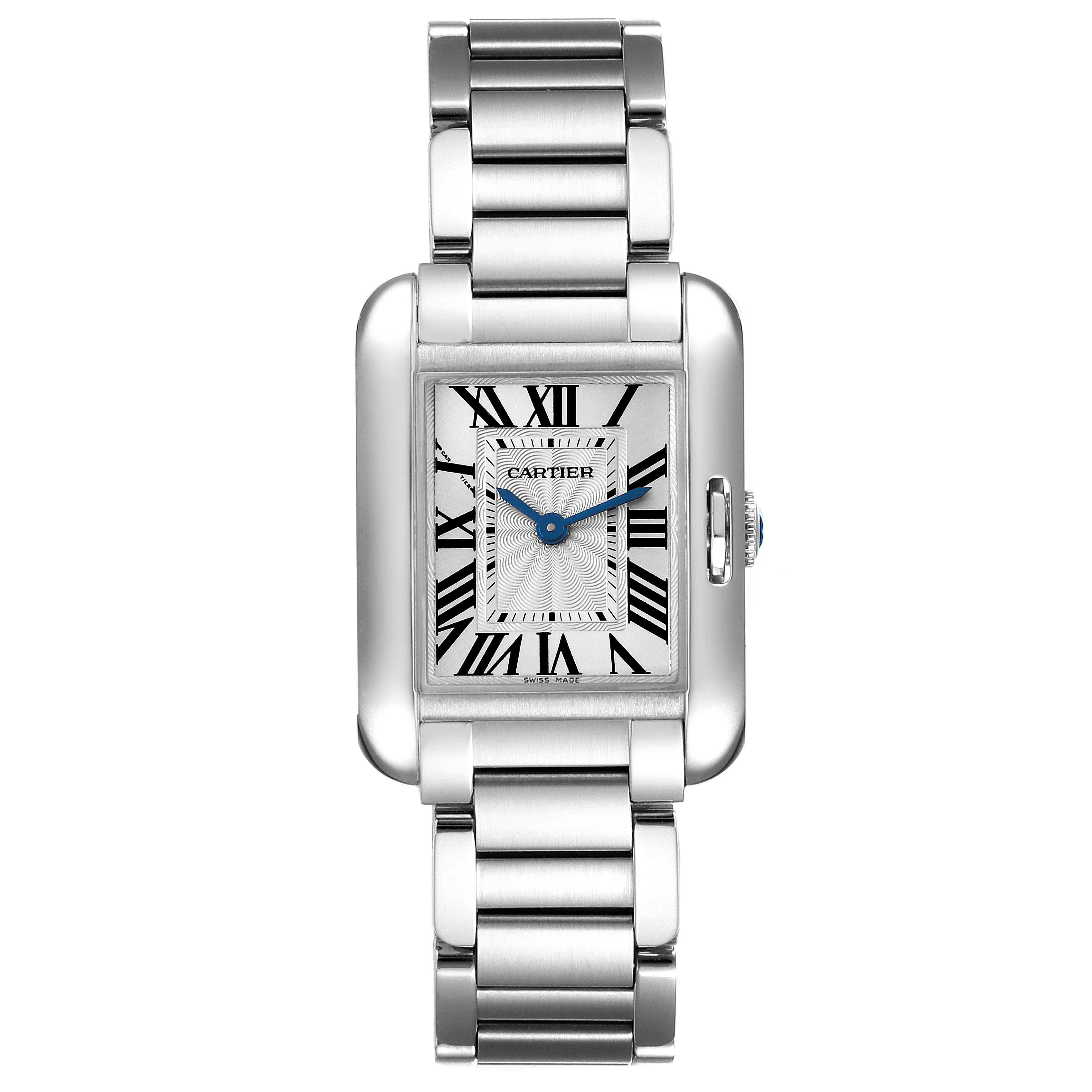 The image shows a head-on view of a Cartier Tank Anglaise W5310022 Women's Stainless Steel Silver Dial W5310022 Women's Stainless Steel Silver Dial watch, displaying the face, bezel, crown, and bracelet.
