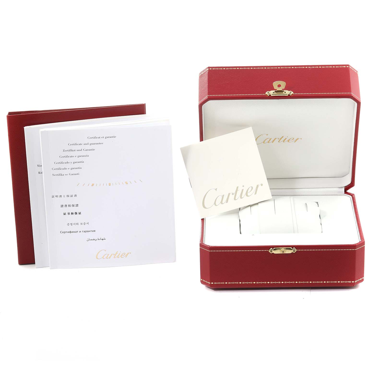 The image shows the Cartier Tank Anglaise W5310022 Women's Stainless Steel Silver Dial W5310022 Women's Stainless Steel Silver Dial watch's red presentation box, certificates, and booklets at a front angle.