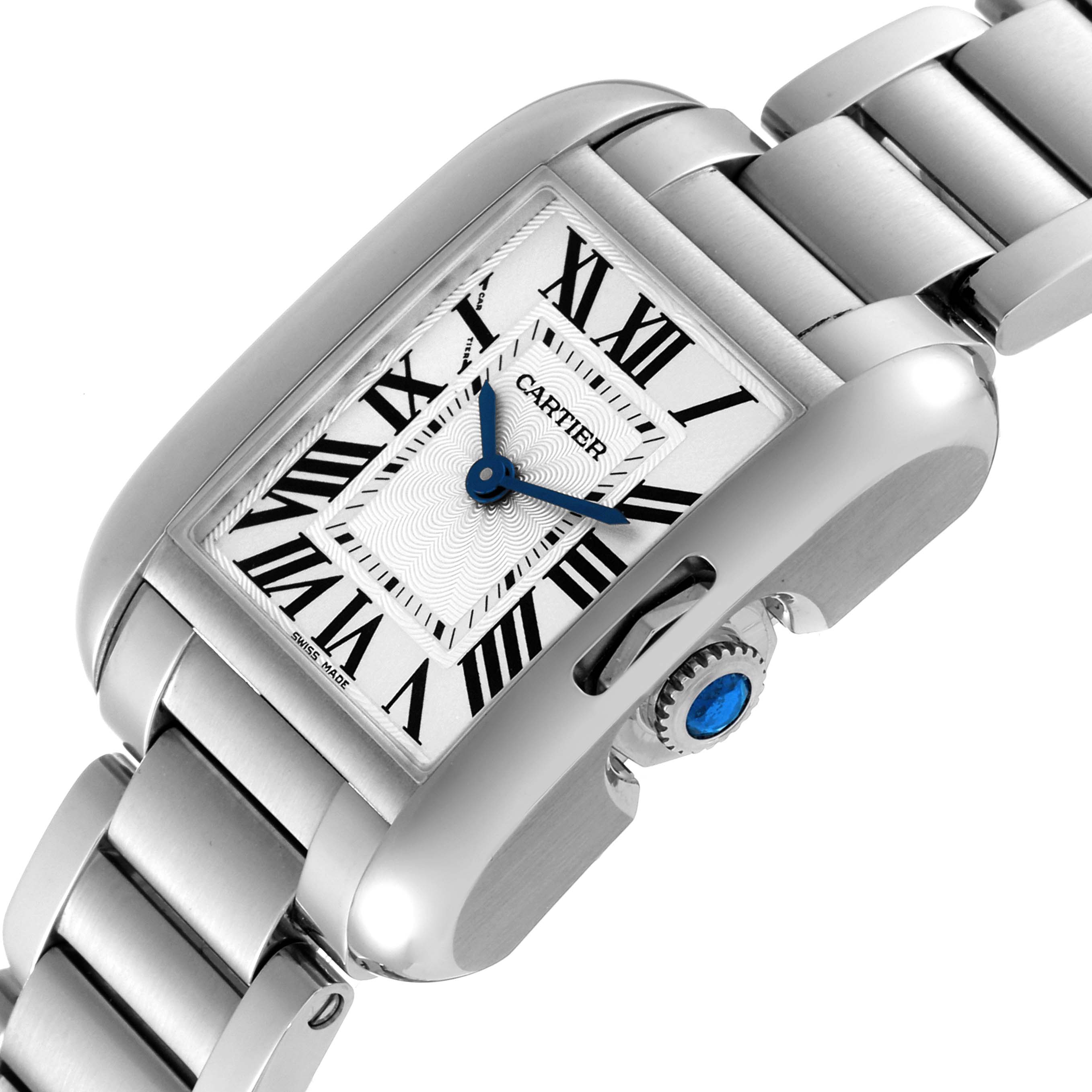 The image shows a Cartier Tank Anglaise W5310022 Women's Stainless Steel Silver Dial W5310022 Women's Stainless Steel Silver Dial watch from a slightly tilted angle, displaying the face, crown, and part of the bracelet.