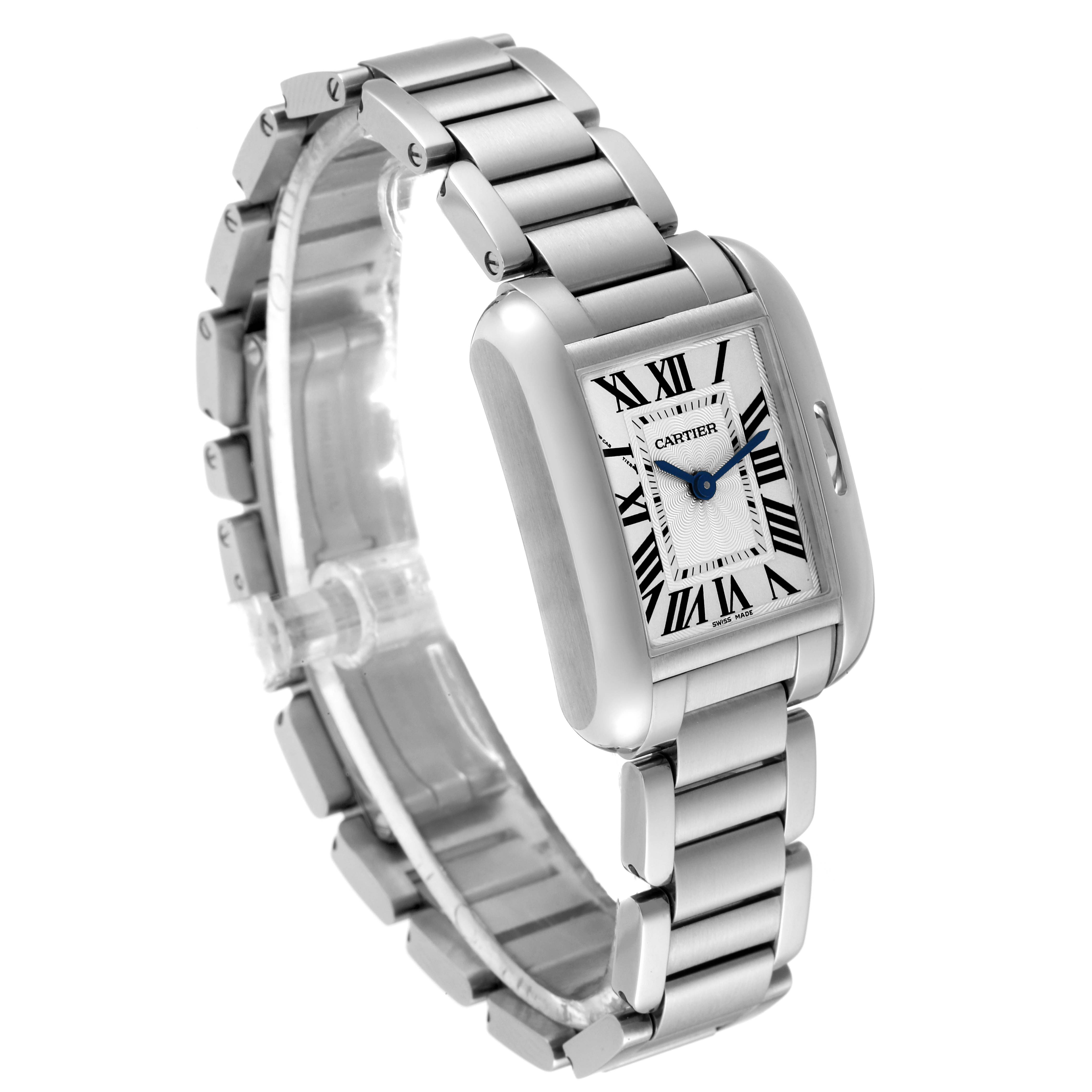 The Tank Anglaise model by Cartier is shown at a front-left angle, displaying its silver bracelet and rectangular face with Roman numerals.