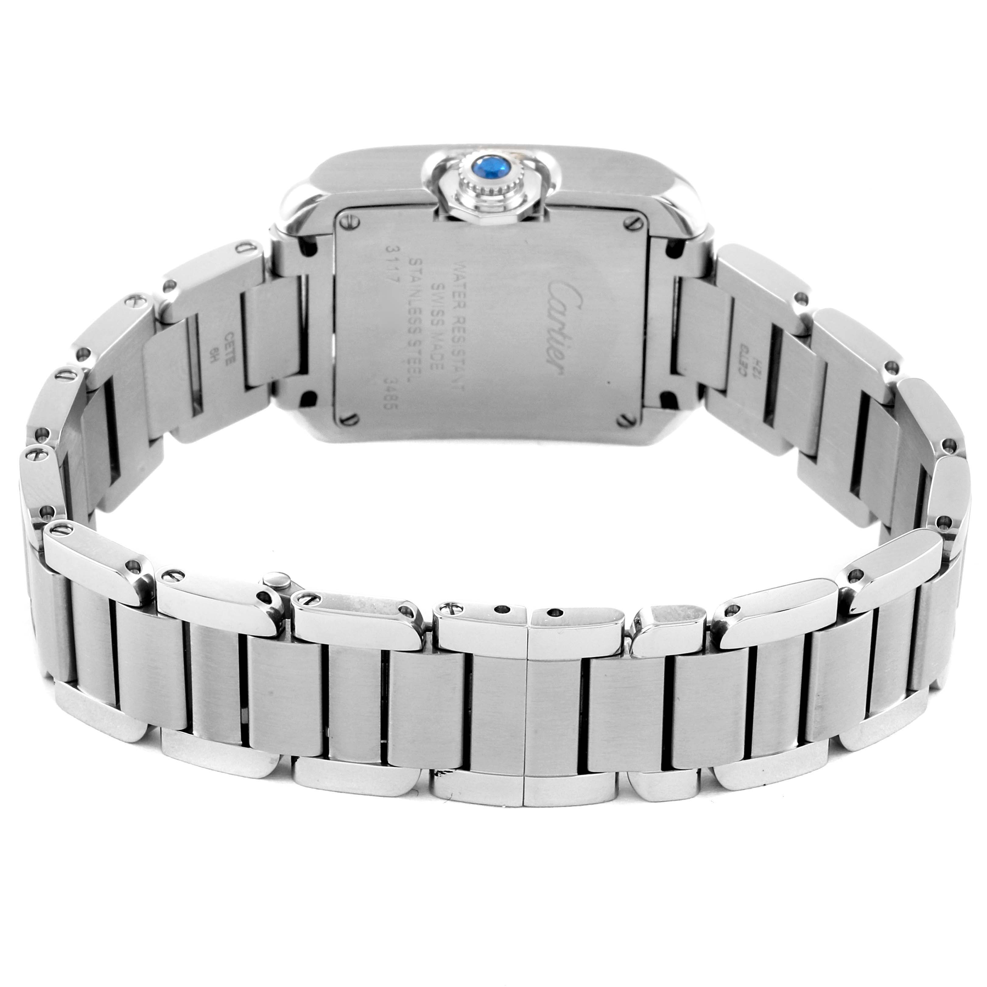 The image shows the back view of a Cartier Tank Anglaise W5310022 Women's Stainless Steel Silver Dial W5310022 Women's Stainless Steel Silver Dial watch, highlighting its stainless steel bracelet and caseback.