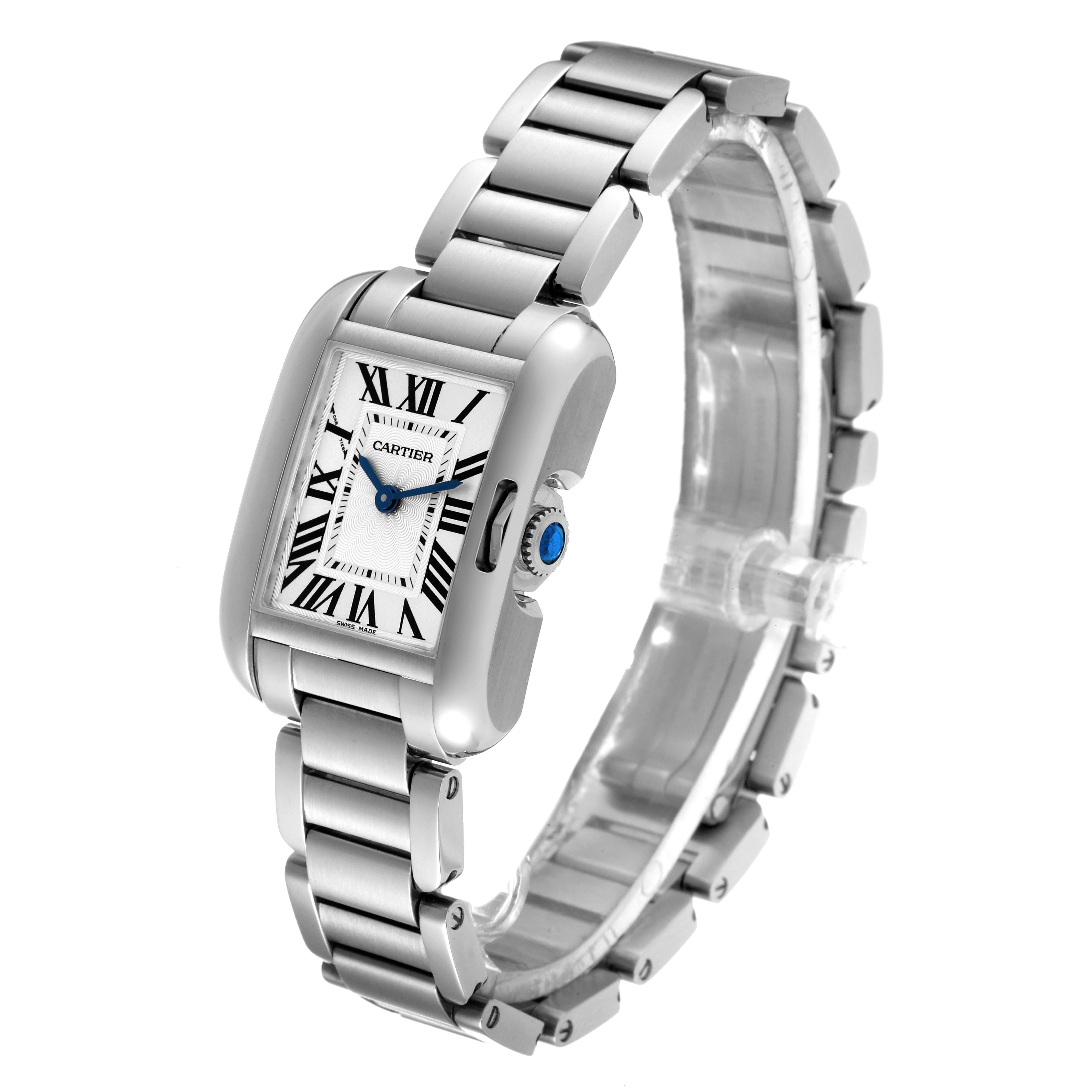 The Cartier Tank Anglaise W5310022 Women's Stainless Steel Silver Dial W5310022 Women's Stainless Steel Silver Dial watch is displayed at an angle showing its face, bracelet, and side view.