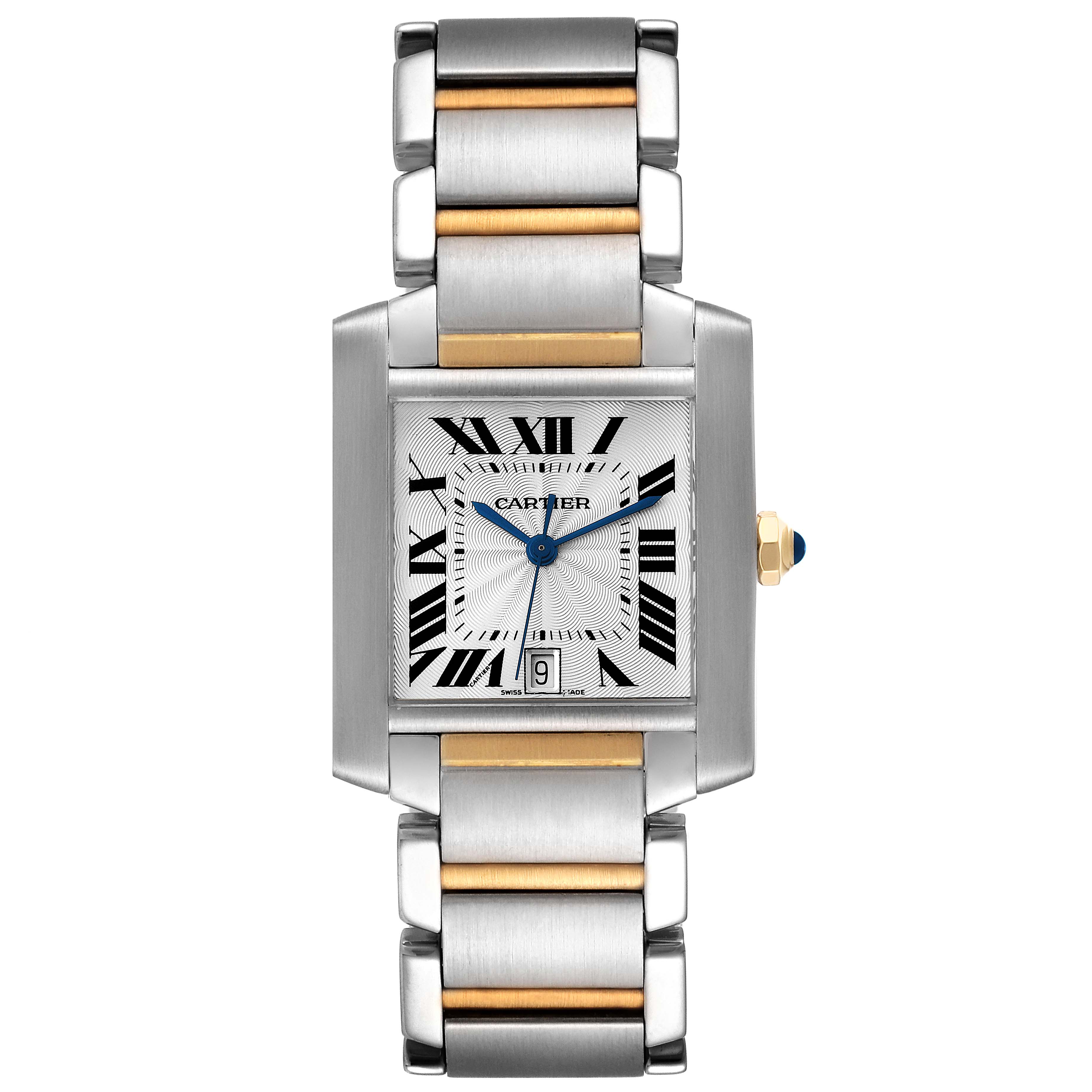 The image shows a frontal view of a Cartier Tank Francaise W51005Q4 Men's Steel and Gold (two tone) Silver Dial W51005Q4 Men's Steel and Gold (two tone) Silver Dial watch, featuring a rectangular face and a two-tone metal bracelet.