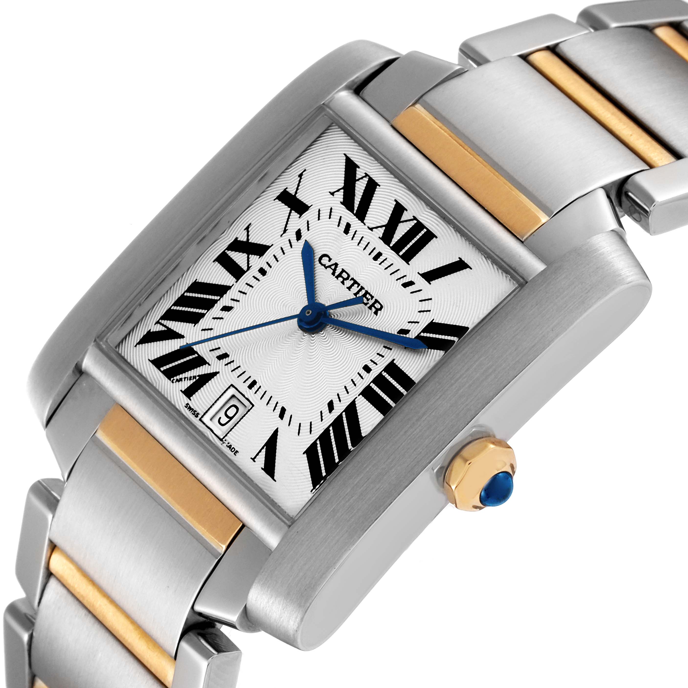 The Cartier Tank Française watch is shown at a slight angle, highlighting the rectangular face, Roman numerals, and two-toned bracelet.