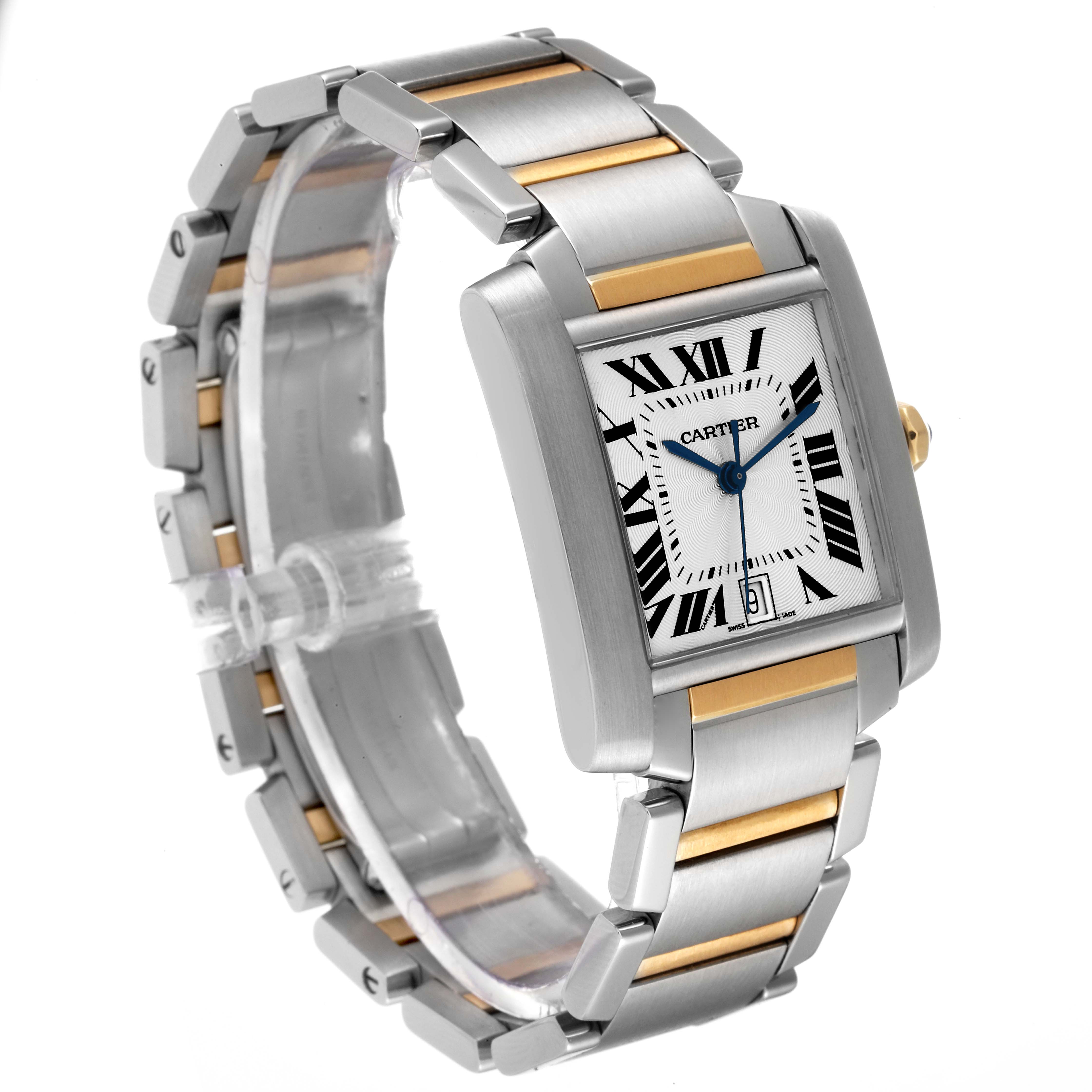 The Cartier Tank Francaise W51005Q4 Men's Steel and Gold (two tone) Silver Dial W51005Q4 Men's Steel and Gold (two tone) Silver Dial watch is shown at a slight angle displaying its face, case, and metal bracelet with gold accents.