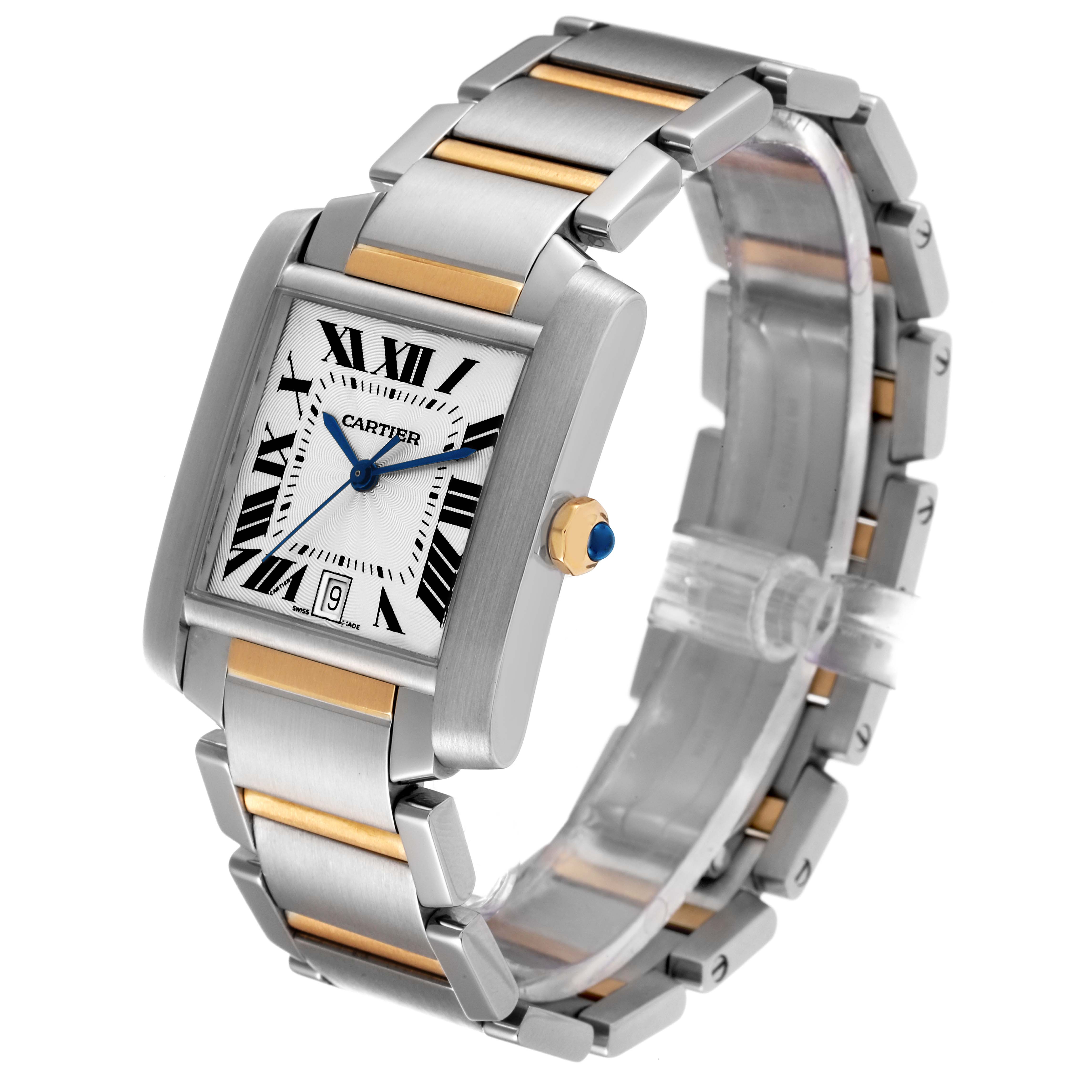 The Cartier Tank Francaise W51005Q4 Men's Steel and Gold (two tone) Silver Dial W51005Q4 Men's Steel and Gold (two tone) Silver Dial watch is shown at an angled side view, highlighting its rectangular face and two-tone metal bracelet.