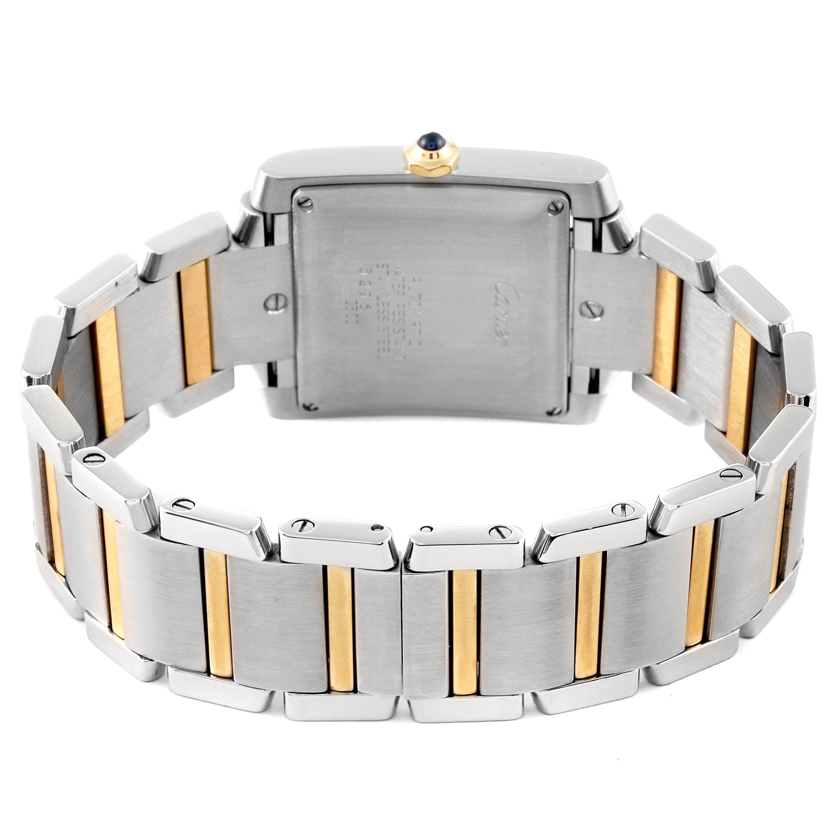 The image shows the back of a Cartier Tank Francaise W51005Q4 Men's Steel and Gold (two tone) Silver Dial W51005Q4 Men's Steel and Gold (two tone) Silver Dial watch, highlighting its stainless steel and gold bracelet and case.