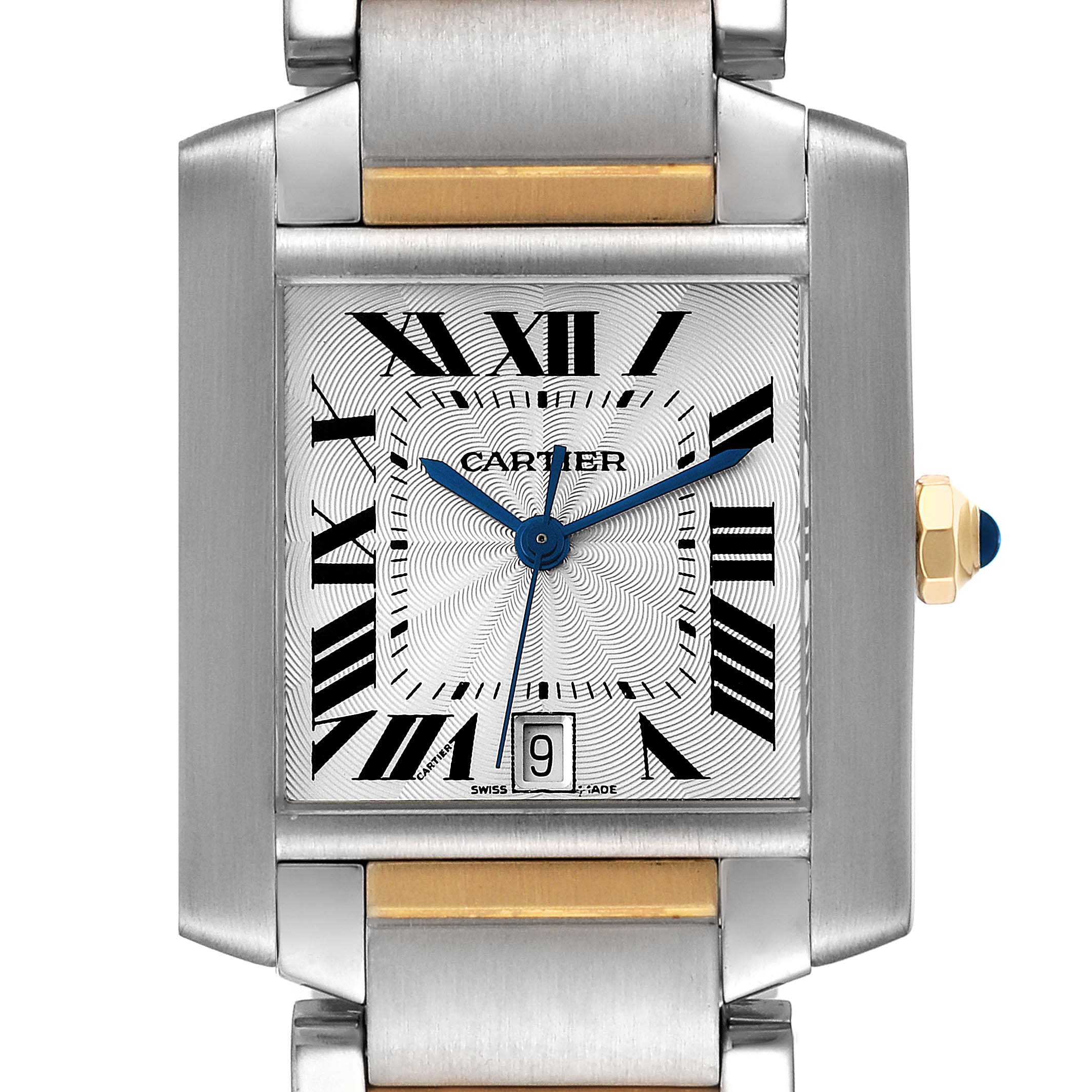 The Cartier Tank Francaise W51005Q4 Men's Steel and Gold (two tone) Silver Dial W51005Q4 Men's Steel and Gold (two tone) Silver Dial is shown from a front angle, highlighting its dial, case, and a part of the bracelet.